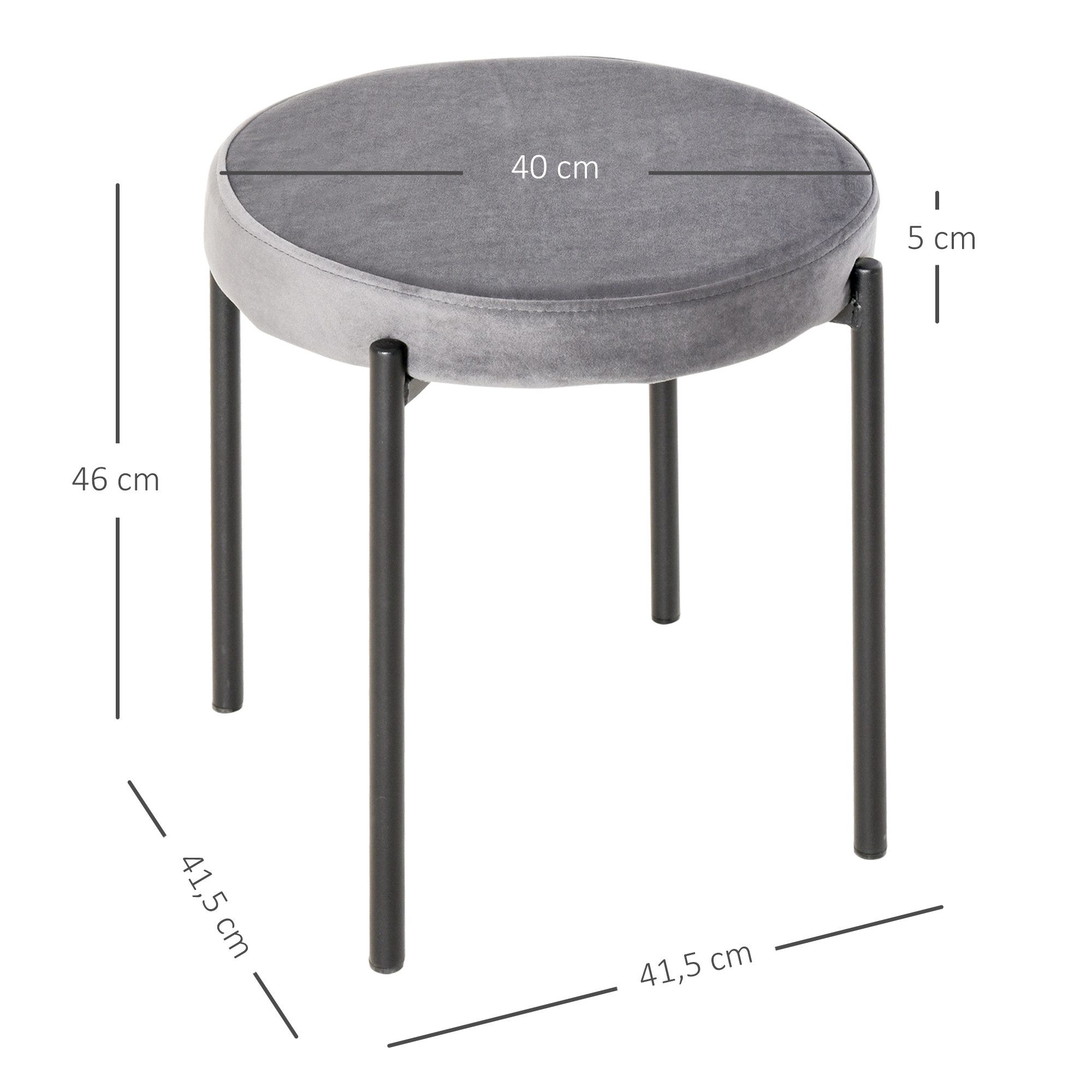 HOMCOM Esszimmerstuhl Stapelhocker Polsterhocker aus Metall Wohnzimmer (Rundhocker, 4 St), für Küche Esszimmer Samt Dunkelgrau 41,5 x 41,5 x 46 cm – Bild 3 von 5