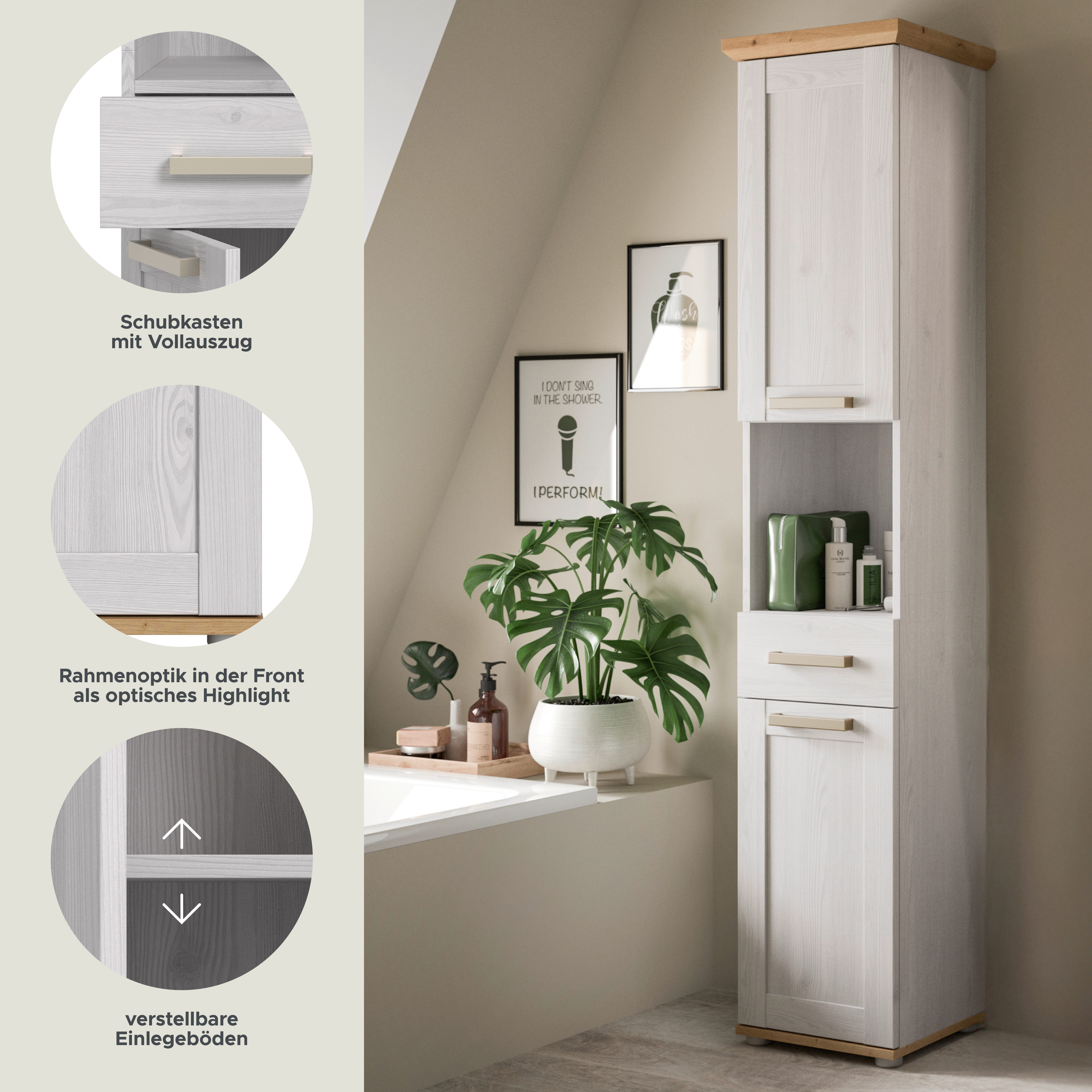 welltime Hochschrank COSENZA, Höhe 187cm, 2 Türen, 1 Schubkasten, 1 offenes Fach (1-St., in Landhausoptik, mit weiteren Artikel der Serie kombinierbar) Hochschrank, Bad, Badezimmerschrank