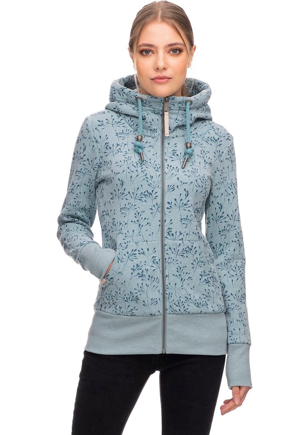 Ragwear Kapuzensweatjacke Sweatjacke NESKA FLOWERY ZIP mit floralem Allover-Print stone blue