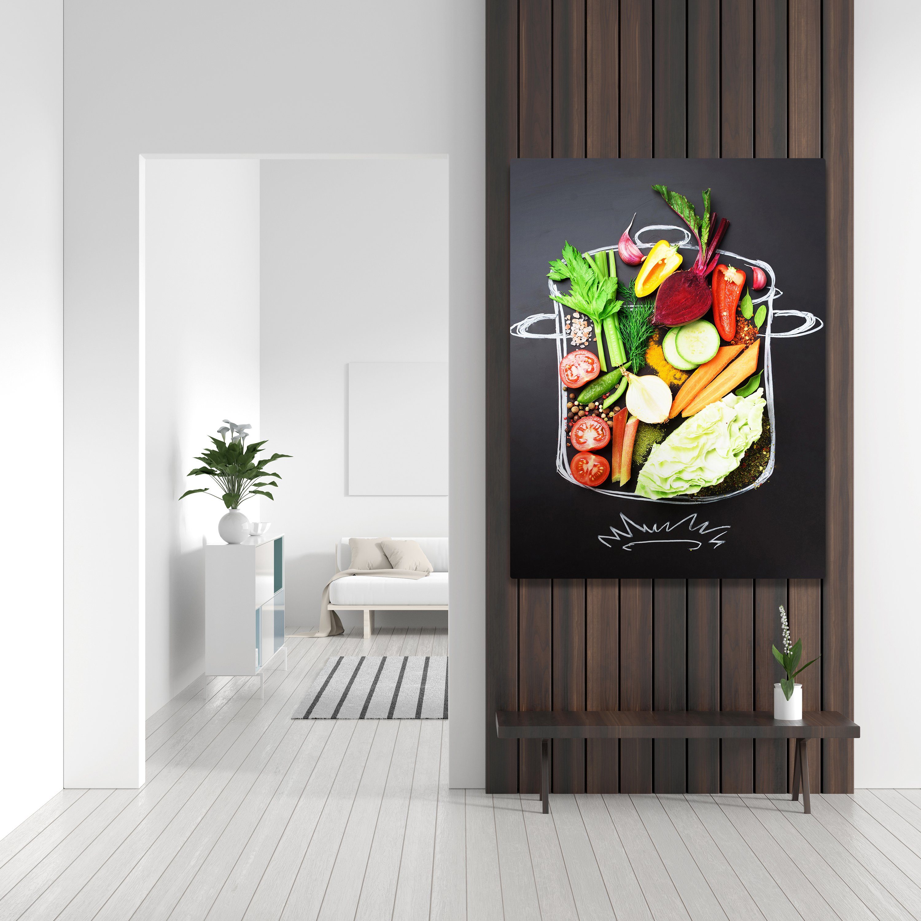Trinken Leinwandbilder Essen Wanddeko, Kochtopf, & (1 Obst wandmotiv24 Wandbild, in Größen St), Gemüse, Leinwandbild Gemüse, Hochformat, & Salat, versch.