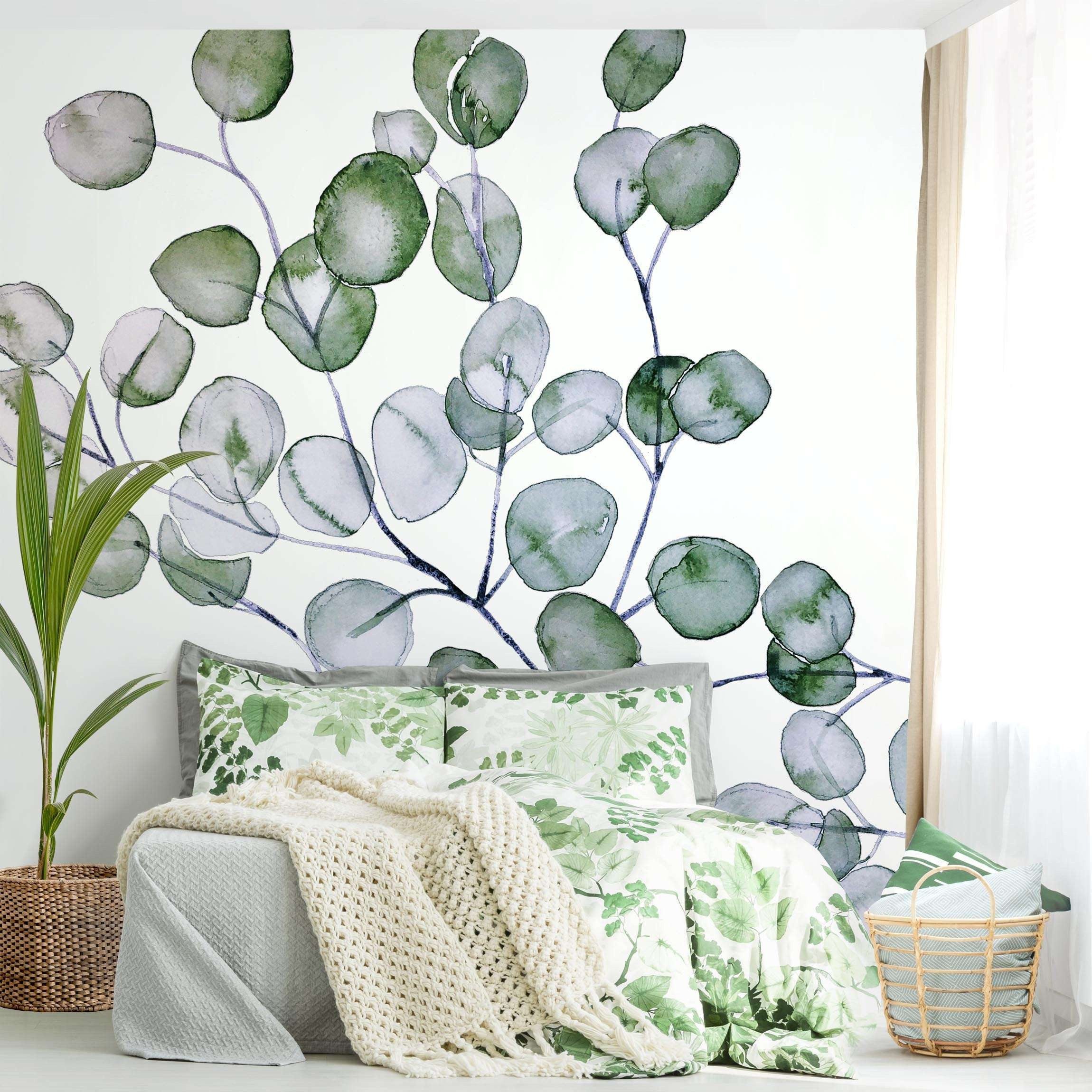 Bilderdepot24 Fototapete Blumen Grün Aquarell Eukalyptuszweig Blumentapete Floral Natur modern, Glatt, Matt, (Vliestapete inkl. Kleister oder selbstklebend), Wohnzimmer Schlafzimmer Küche Flur Motivtapete Vliestapete Wandtapete