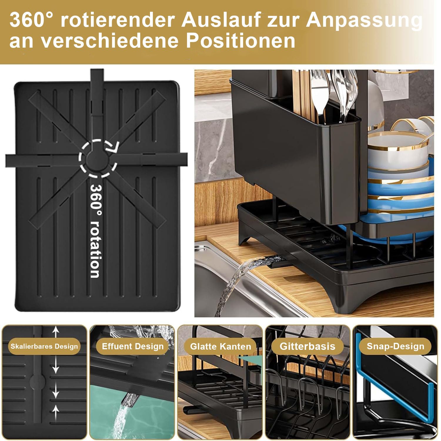 OKWISH Geschirrständer 2-stufiges Geschirrabtropfer Geschirr Trockenständer, Zubehör für Kitchen, Aufbewahrung Abtropfgestell mit Getränkehalter 42×30×29 cm – Bild 3 von 5