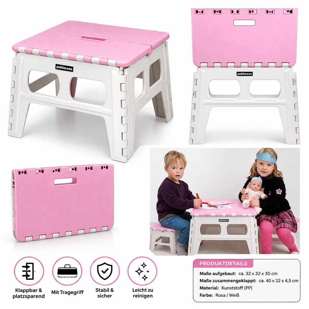 Rungassi Beistelltisch Klappbarer Kindertisch / Kinderhocker platzsparend & stabil Pink-Weiß