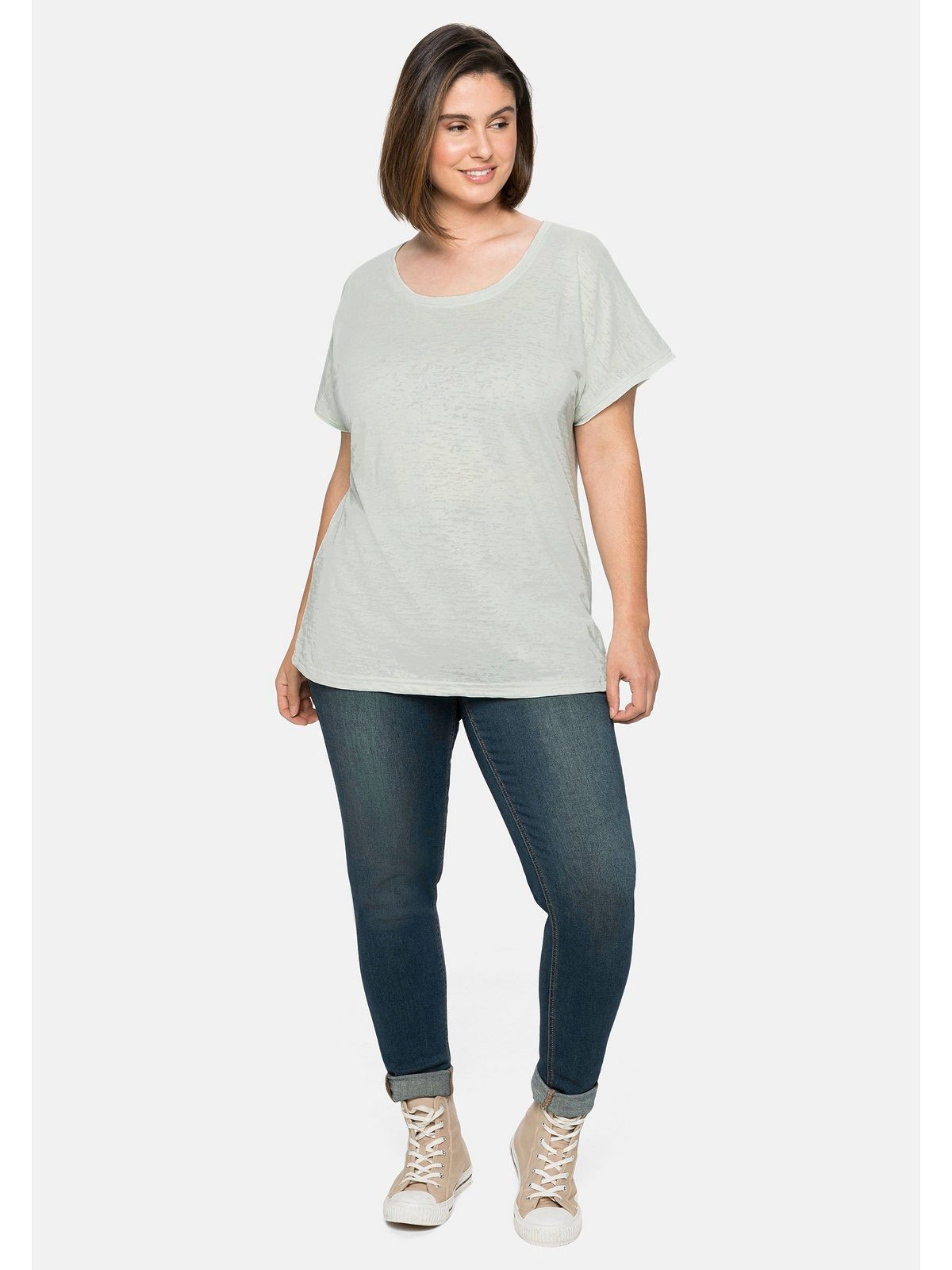 Sheego Größen Ausbrennermuster, Große transparent leicht T-Shirt mit blassaqua