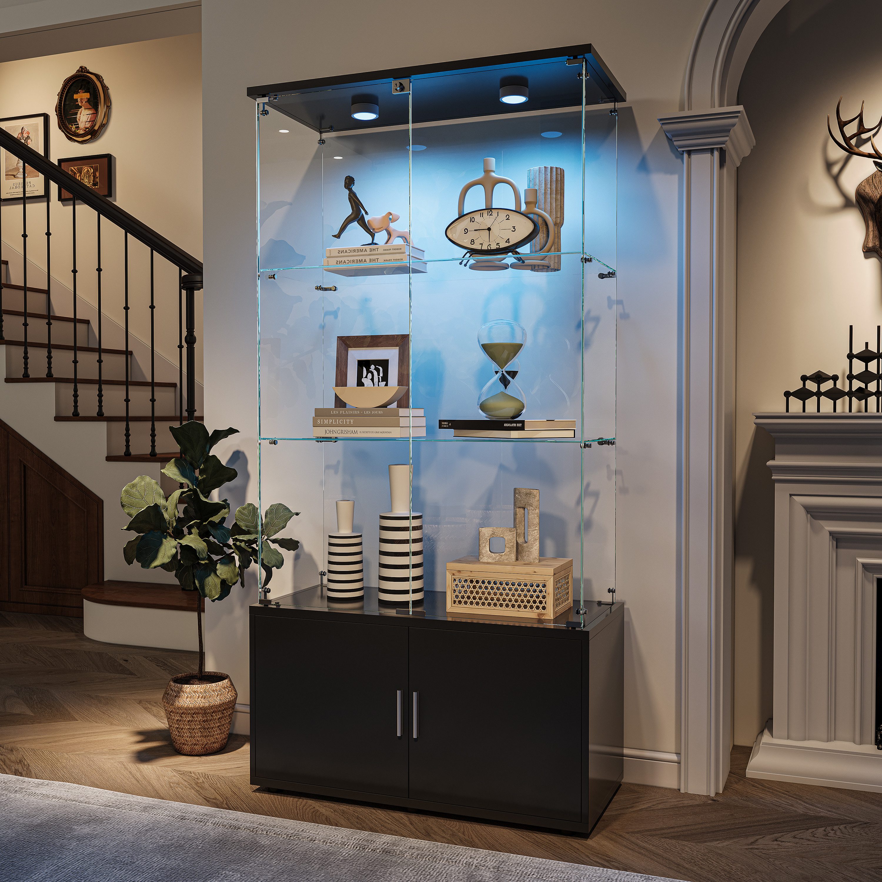 FUROKOY Glasvitrine Standvitrinen mit Kabinett, Vitrine (Vitrinenschrank mit 2 Glastür und Beleuchtung für Sammler, Bücher) 3 Lagen Sammlervitrine, 78.5 x 35 x 164 cm, Schwarz