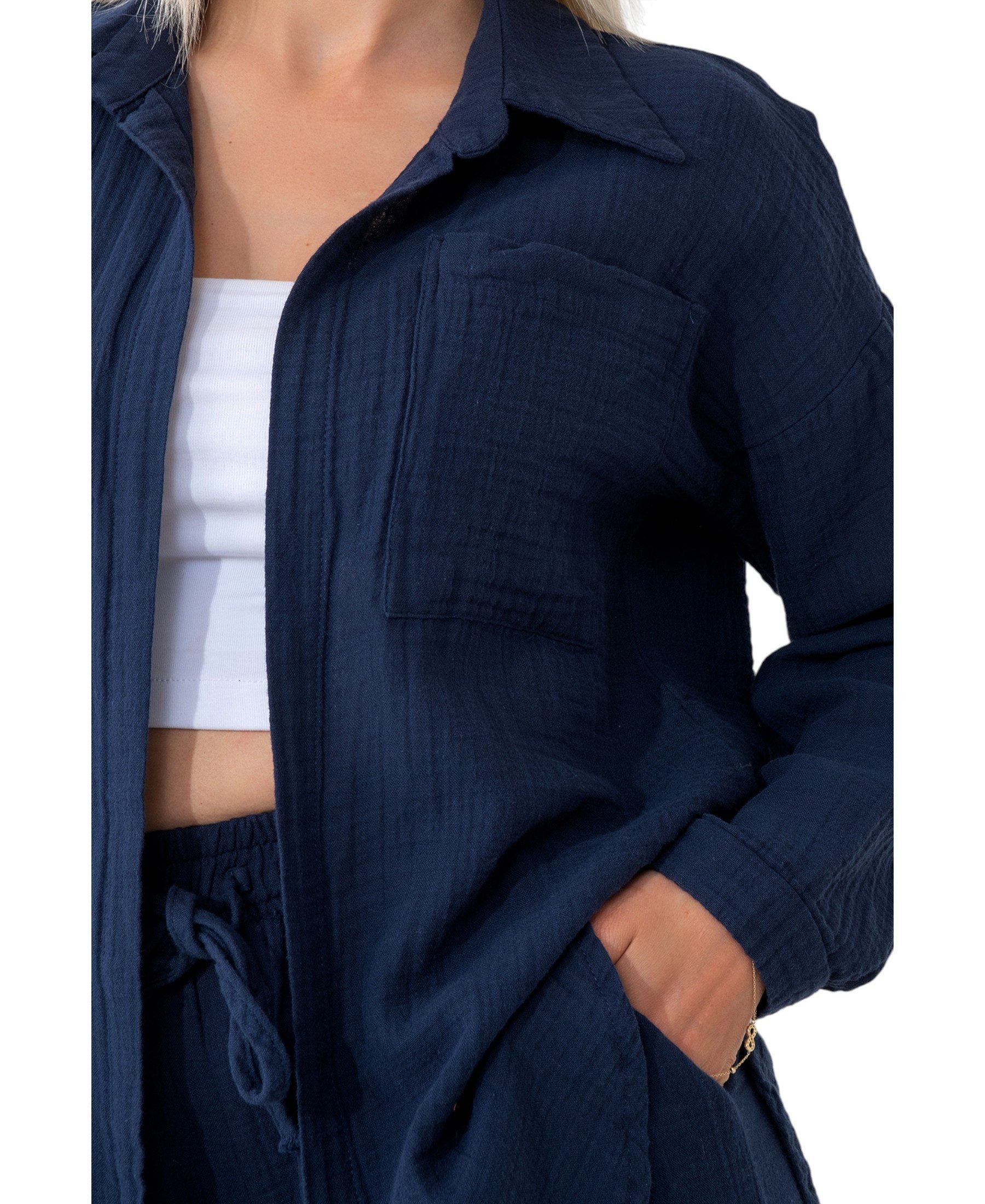 WENOR Hemdbluse Damen Musselin Oversize Bluse Langarm – Einheitsgröße 34-40