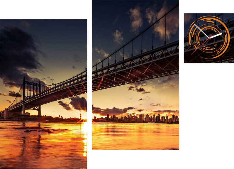 Conni Oberkircher´s Bild »Bridge Sunset - Brücke im Sonnenuntergang«, Brücken (Set), mit dekorativer Uhr, Skyline, Stadt, Fluss