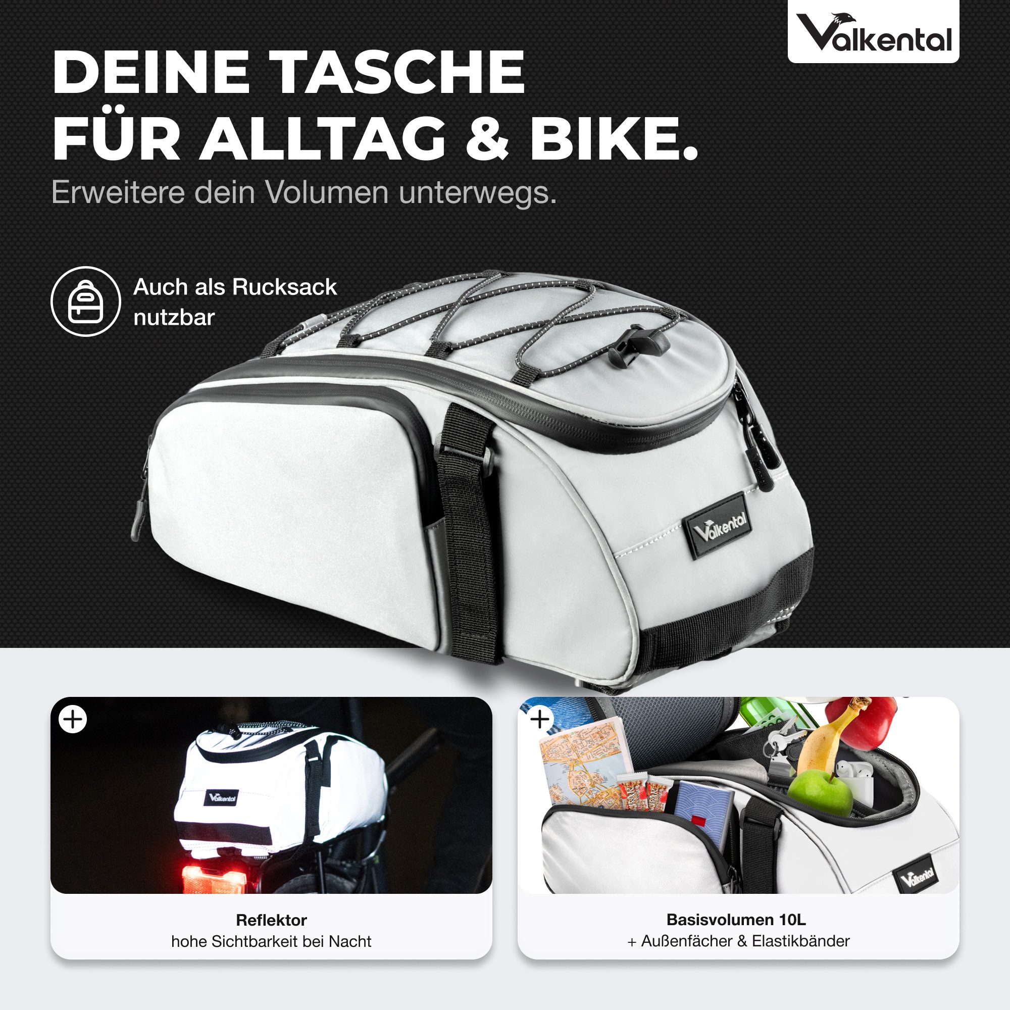 Valkental Gepäckträgertasche 3in1 Fahrradtasche Trunk Bag (mit Rucksackfunktion, und Tragegriff), wasserfest & reflektierend, 10L