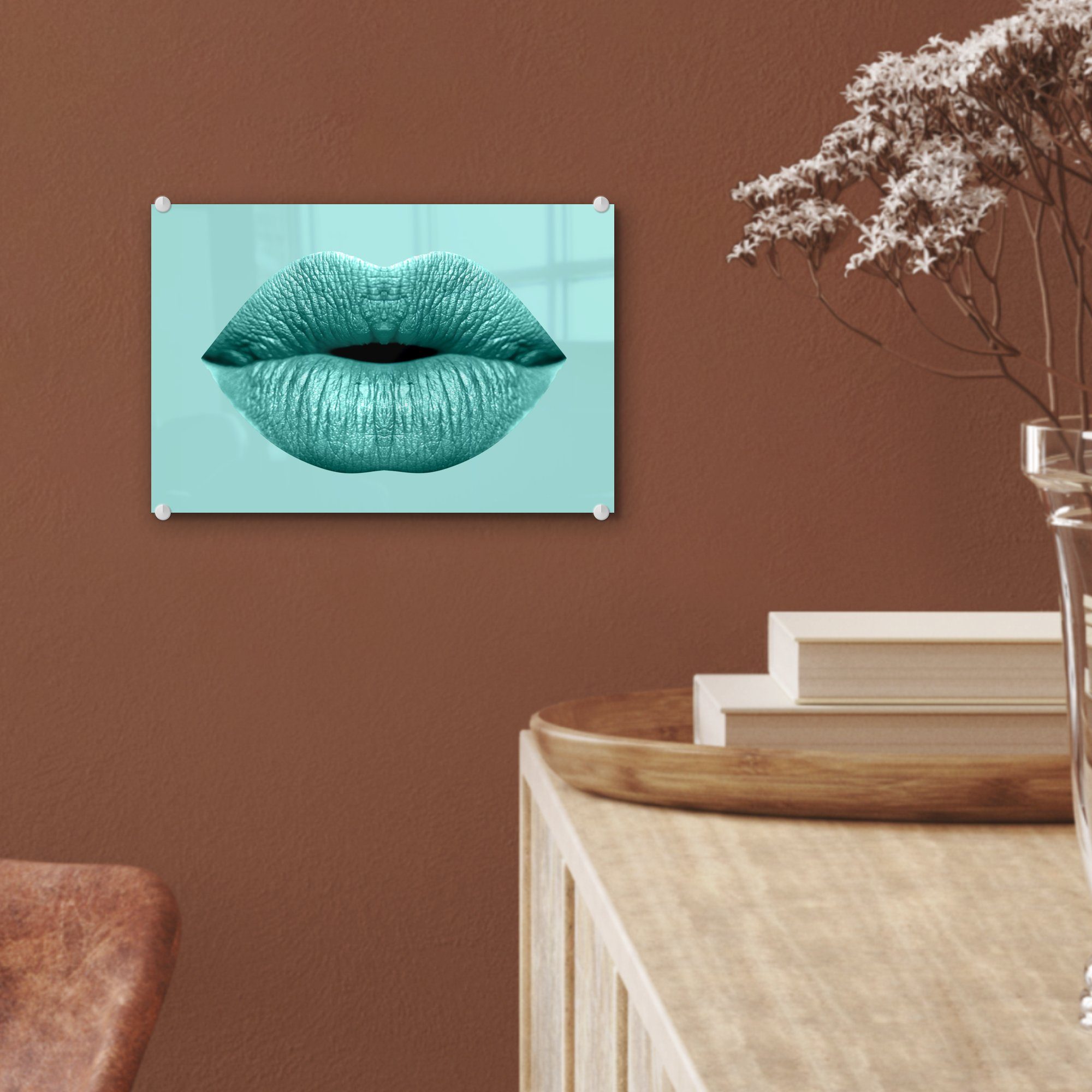 Glas auf - (1 Acrylglasbild Lippen Glasbilder - MuchoWow Blau, Wandbild - Bilder Pastell - Wanddekoration auf - Glas Foto St),