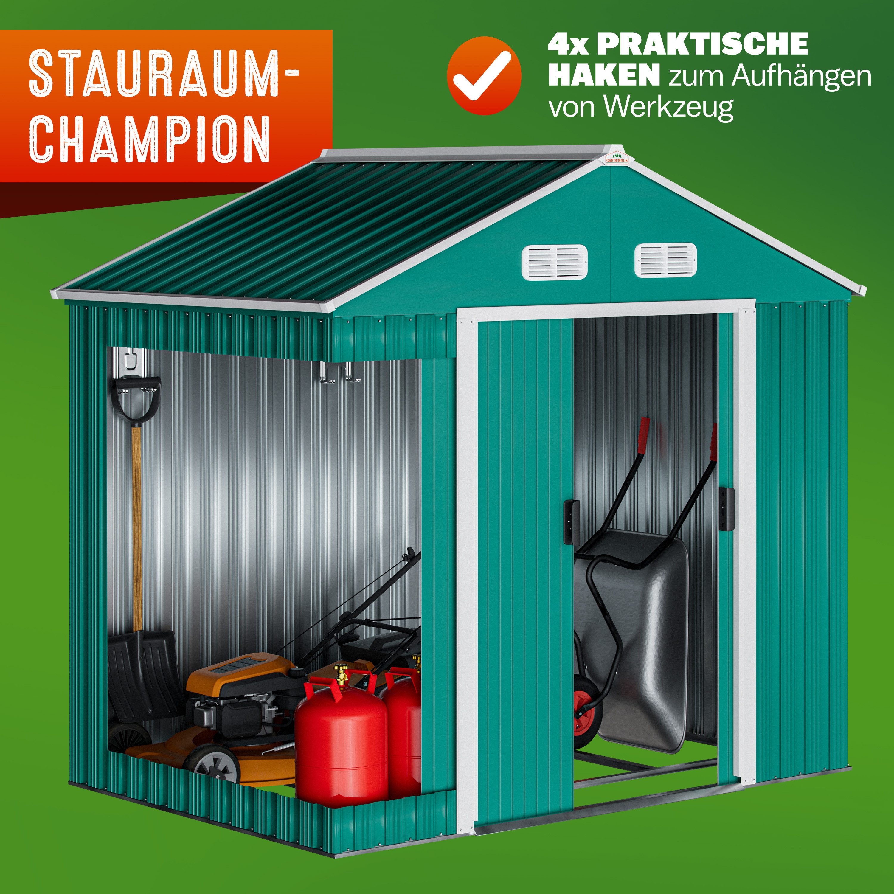 Gardebruk Gerätehaus, BxT: 135x200 cm, XL Metall 4m³ mit Fundament 200x135x190cm Schiebetür Grün