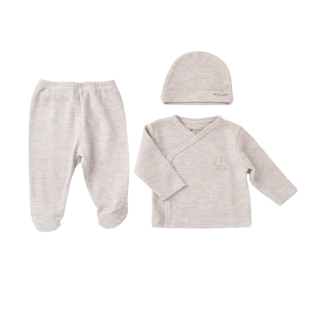 Set In Nature und + biorganic Baby Größe Bio-Baumwolle, Mädchen 3-tlg., Waffle-Struktur, Erstausstattungspaket, Jungen Unisex GOTS-zertifiziert, (3er Hose Langarm Mütze) 100% Braun + Wickelshirt Waffle 56/62 für Wickelshirt