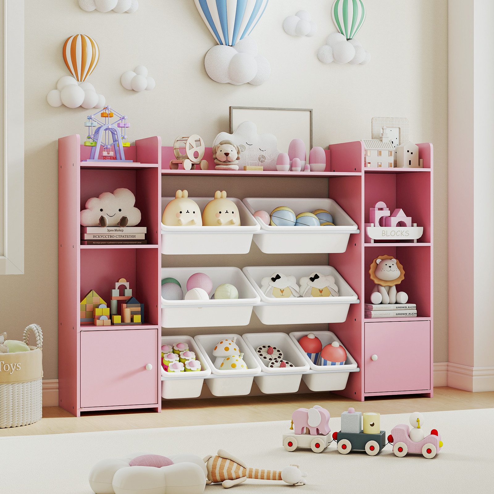 COSTWAY Kinderregal, 4-stöckiges Spielzeugregal mit 8 Boxen, Holz, rosa günstig online kaufen