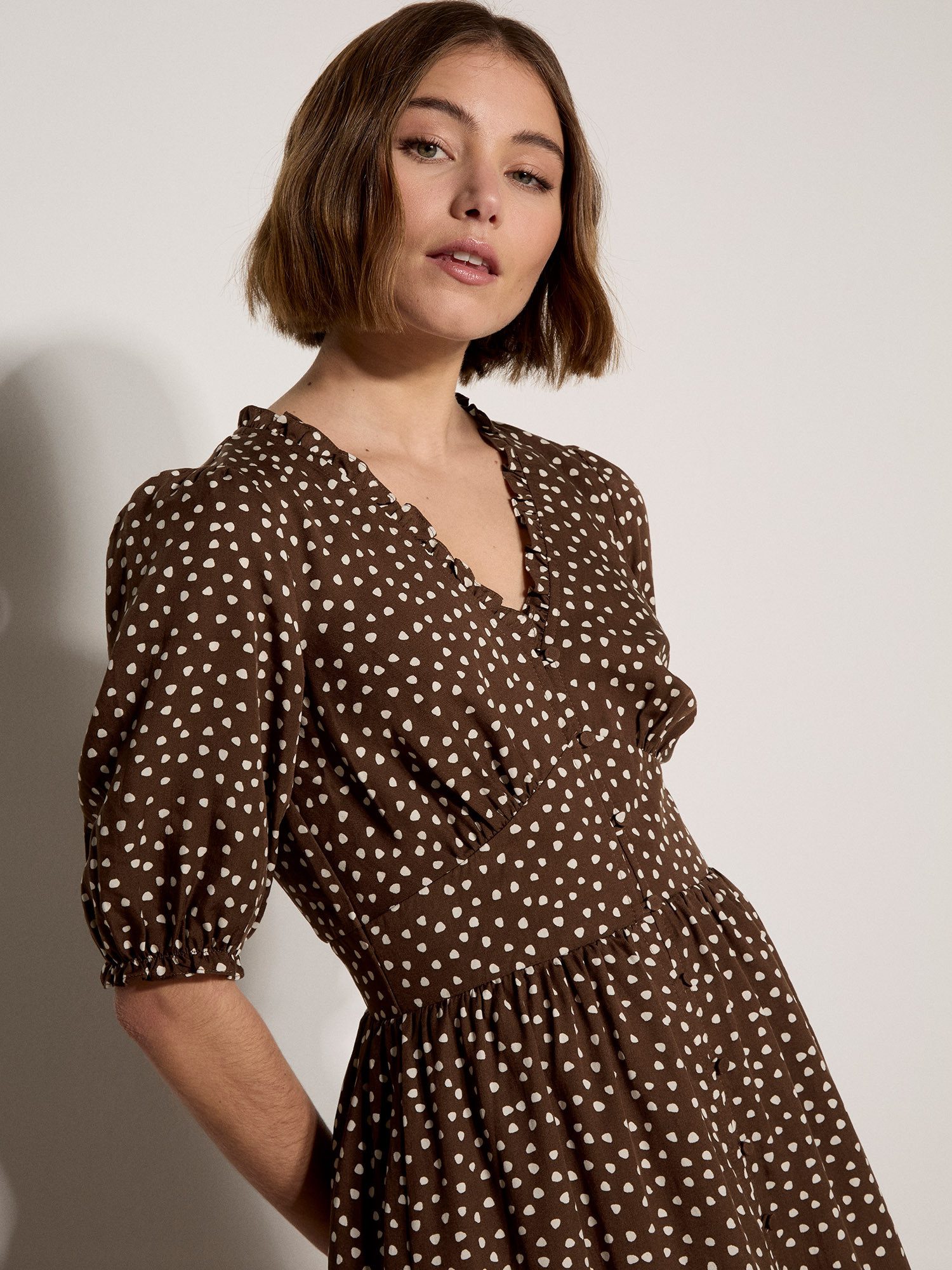 Apricot Midikleid Polka-Dot Rüschenkleid Gemustert