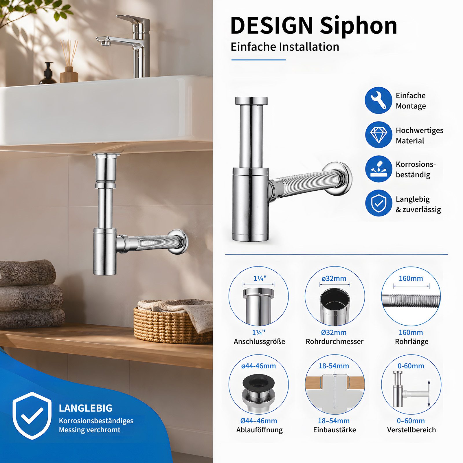 HOMELODY Ablaufgarnitur Design Siphon Waschbecken mit Ablaufgarnitur Edelstahl Chrom Pop Up Ablauf mit Überlauf, flexiblem Wellrohr und Geruchsverschluss – Bild 4 von 5