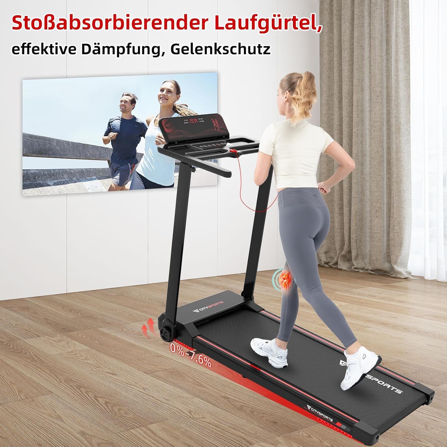 CITYSPORTS Laufband Heim-Laufband mit Steigung (Mit Toolkit, Schmiermittel), Klappbares Laufband bis 12 km/h mit APP walking jogging pad