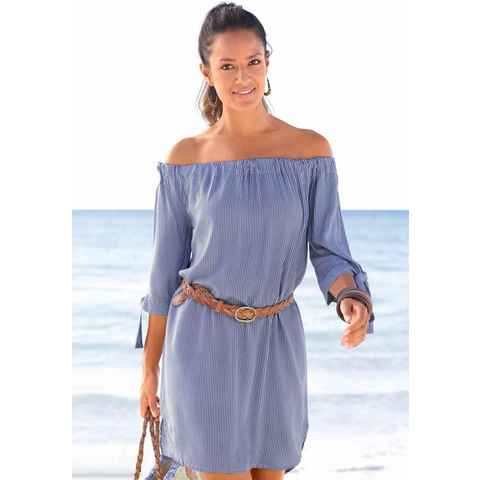 LASCANA Blusenkleid mit Streifendruck und Carmenausschnitt, Sommerkleid, Strandkleid