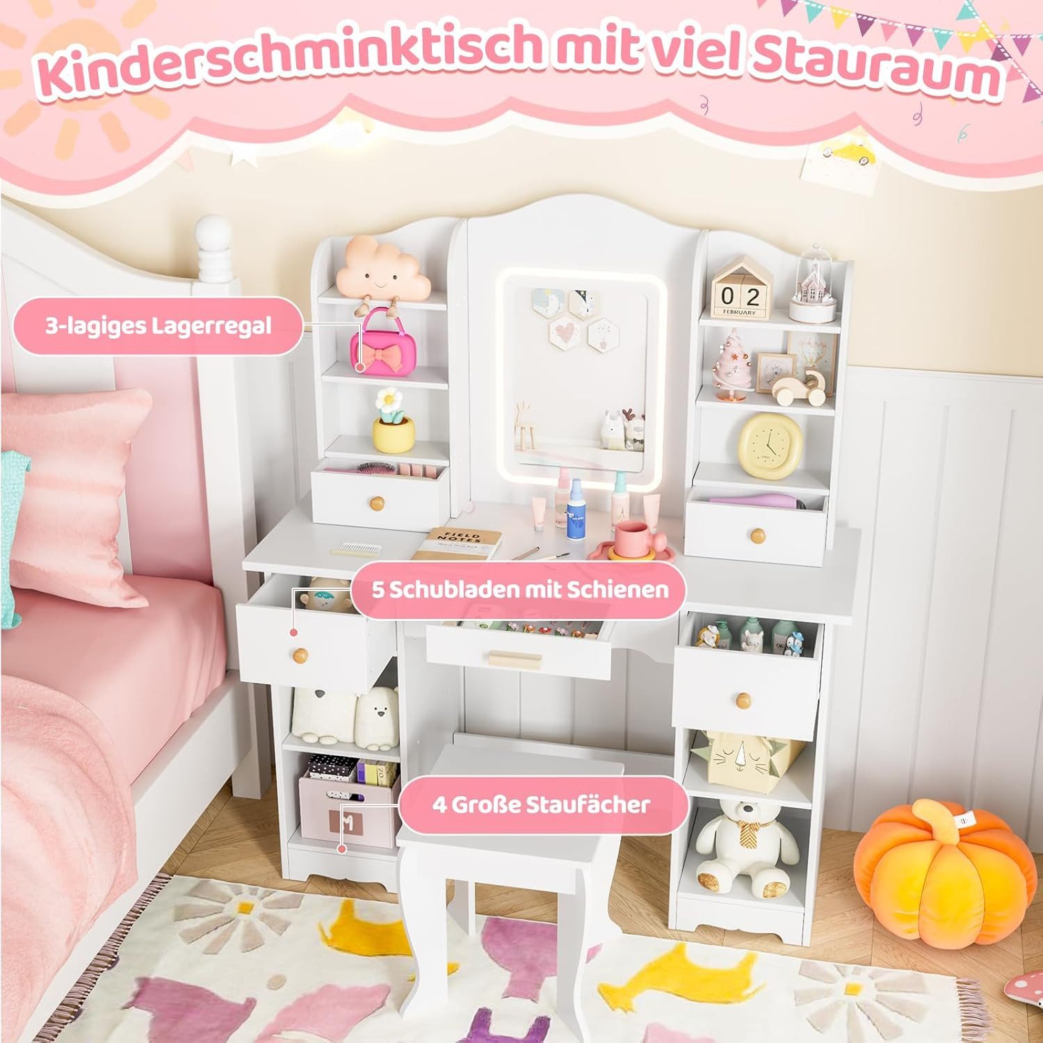 TLGREEN Schminktisch LED-beleuchteter Schminktisch für Mädchen mit Spiegel (Kinderschminktisch, 95cm großer Stauraum Schreibtisch Kinder, 5 Schubladen Spieltisc – Bild 4 von 5