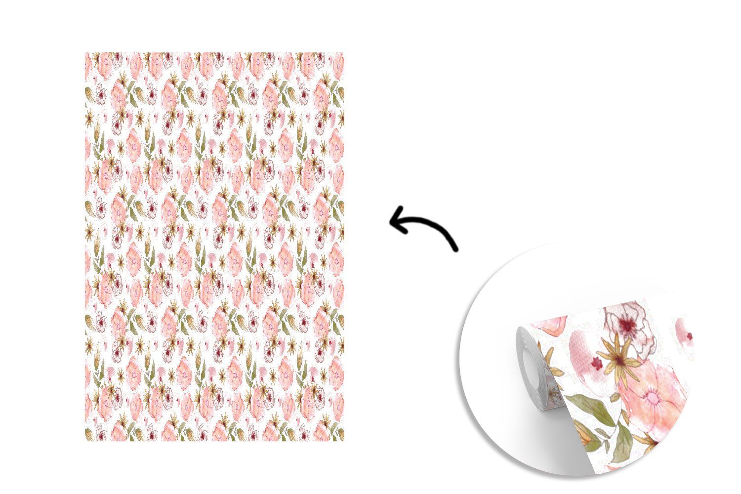 (3 Aquarell, Blumen bedruckt, St), für Muster Fototapete Wandtapete Montagefertig Rosa Wohnzimmer, - MuchoWow Matt, - Tapete - Vinyl