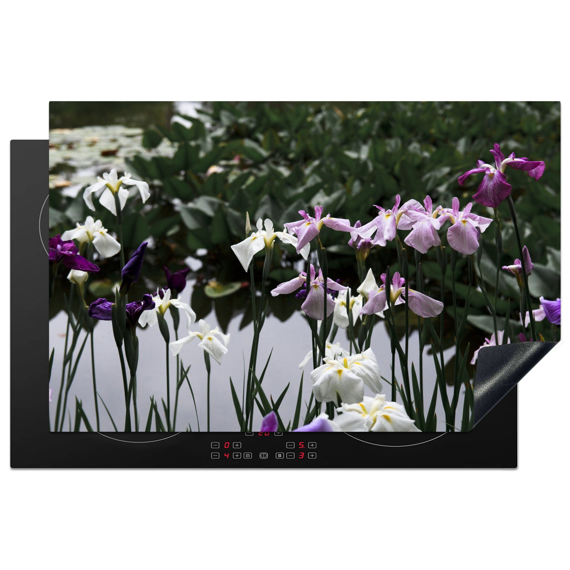 MuchoWow Herdblende-/Abdeckplatte Japanische Schwertlilienblüten - Wasser - Farben, Vinyl, (1 tlg), 81x52 cm, Induktionskochfeld Schutz für die küche, Ceranfeldabdeckung
