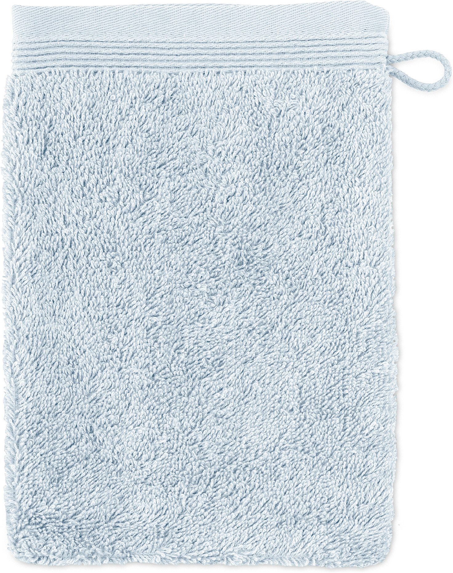 Möve Waschhandschuh Superwuschel 100% Premium Cotton Baumwolle, Walkfrottier (1-St), mit Biesenbordüre und praktischem Kordelaufhänger, einfarbig, weich