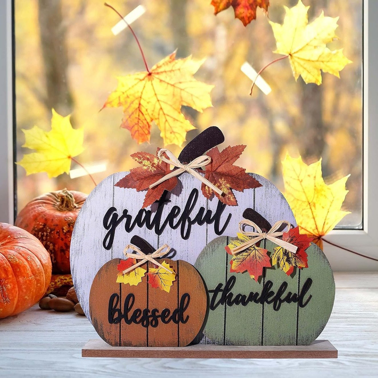 Thumbnail - FELIXLEO Dankeskarte 3er-Pack dekorative Kürbis-Tischschilder mit Thanksgiving-Wünschen