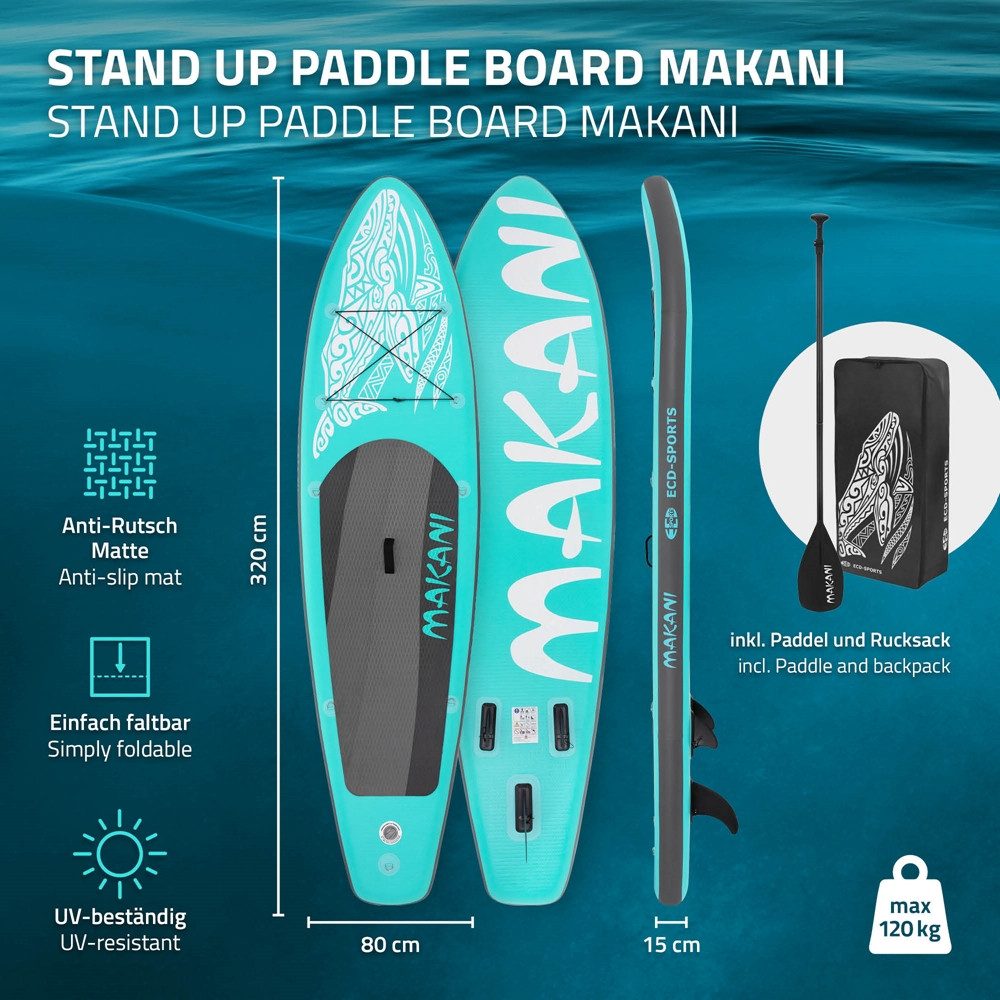 ECD Germany SUP-Board Stand Up Paddle Board aus PVC Paddelboard Paddling Board, Stand-Up Paddle-Board, SUP Board 320x80x15 cm 120 kg Traglast rutschfest türkis inkl Zubehör