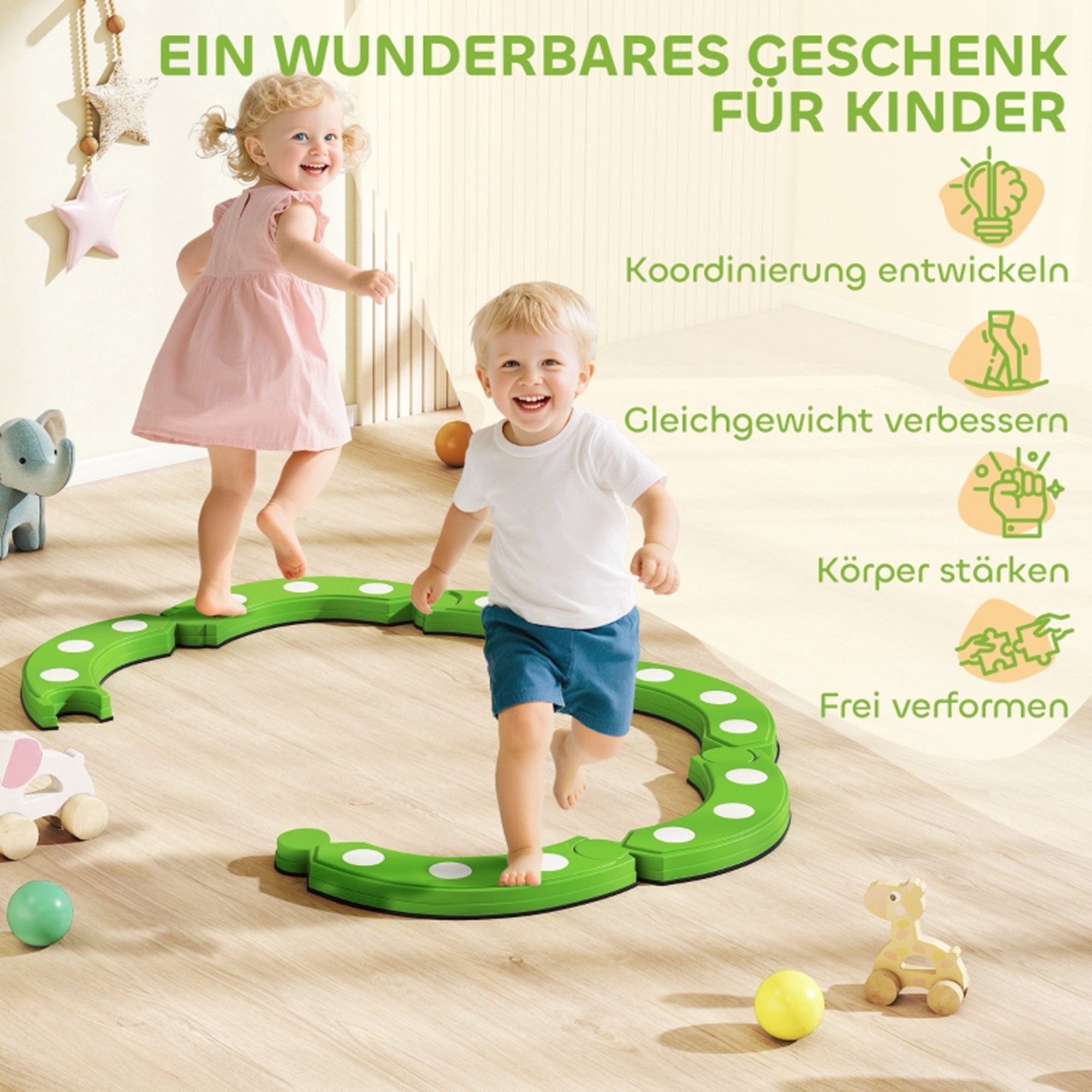 MC Star Balancetrainer Balancebalken, 6 gebogene Segmente, sensorische Erhebungen, 50 kg Tragkraft, Grün
