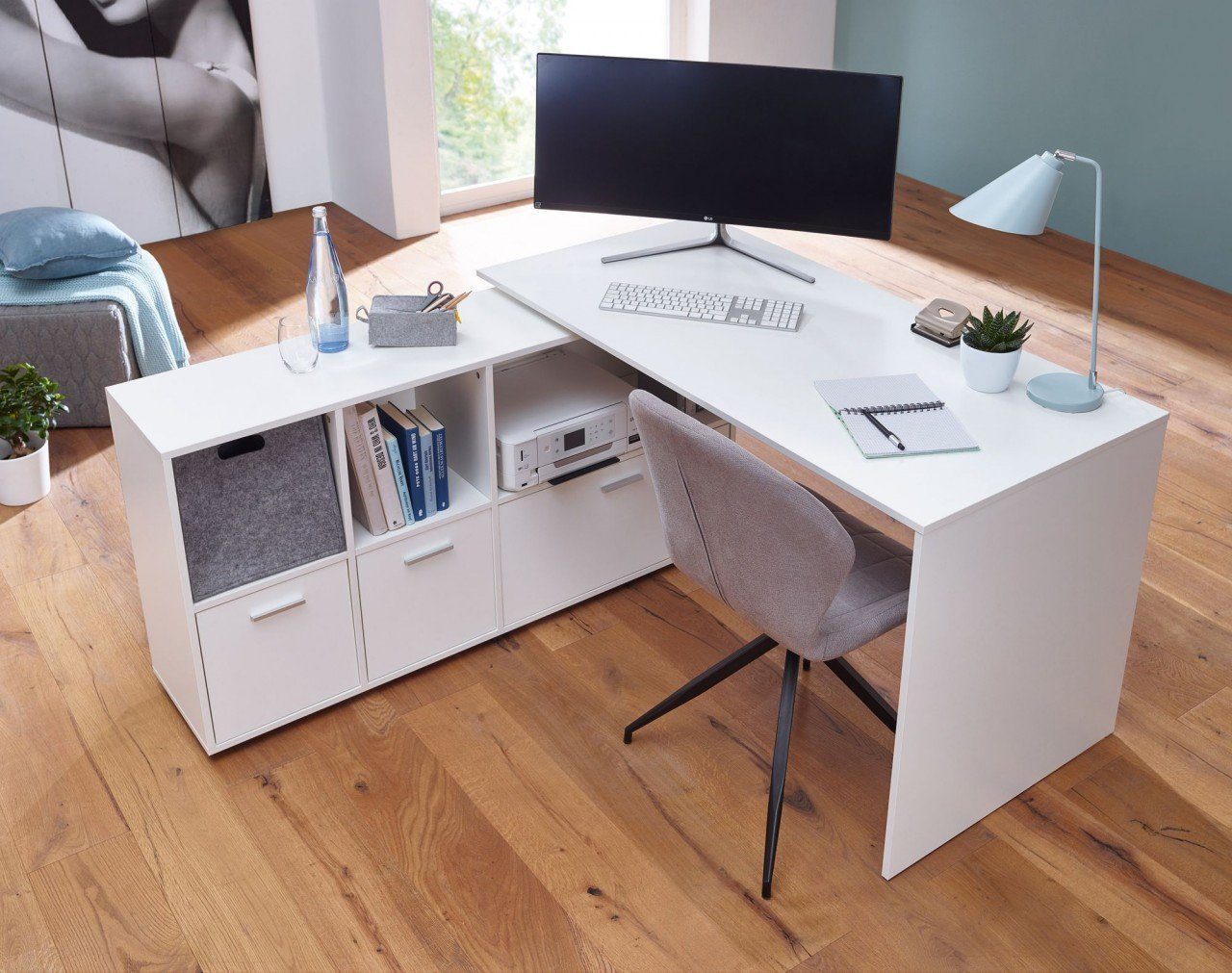 Schreibtischkombination furnicato mit Schreibtisch Weiß 136x75,5x155,5 cm Sideboard