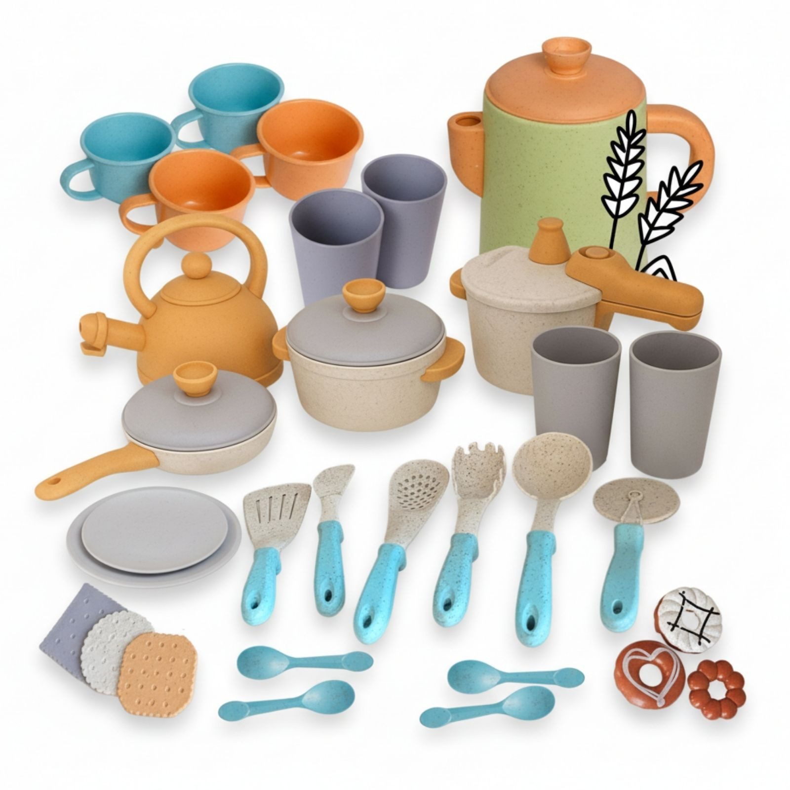 alldoro Spiel-Kochgeschirr Kaffeeservice mit Koch- und Geschirrset für die Kinderküche, 31-teilig, (31-tlg), Küchenspielzeug-Set für Kinder ab 3, mit Töpfen, Pfanne & Geschirr