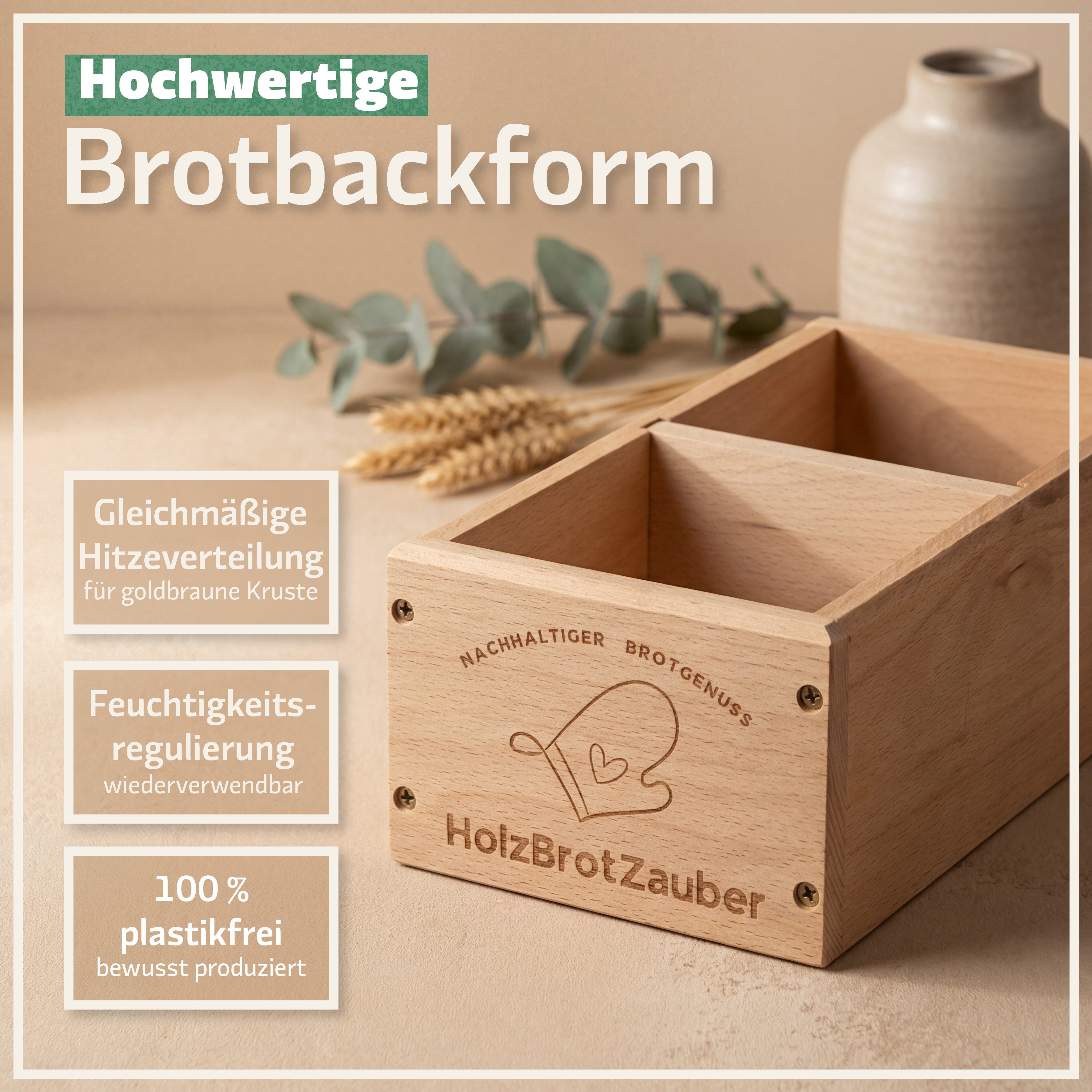 Bambuna Brotbackform HOLZBROTZAUBER - 30cm Premium Holzbrot Backform aus Buchenholz, (Brotbackrahmen für 1,5kg Brot mit integriertem Trennsteg), Perfekte Kruste & E-Book mit Brotbackrezepten
