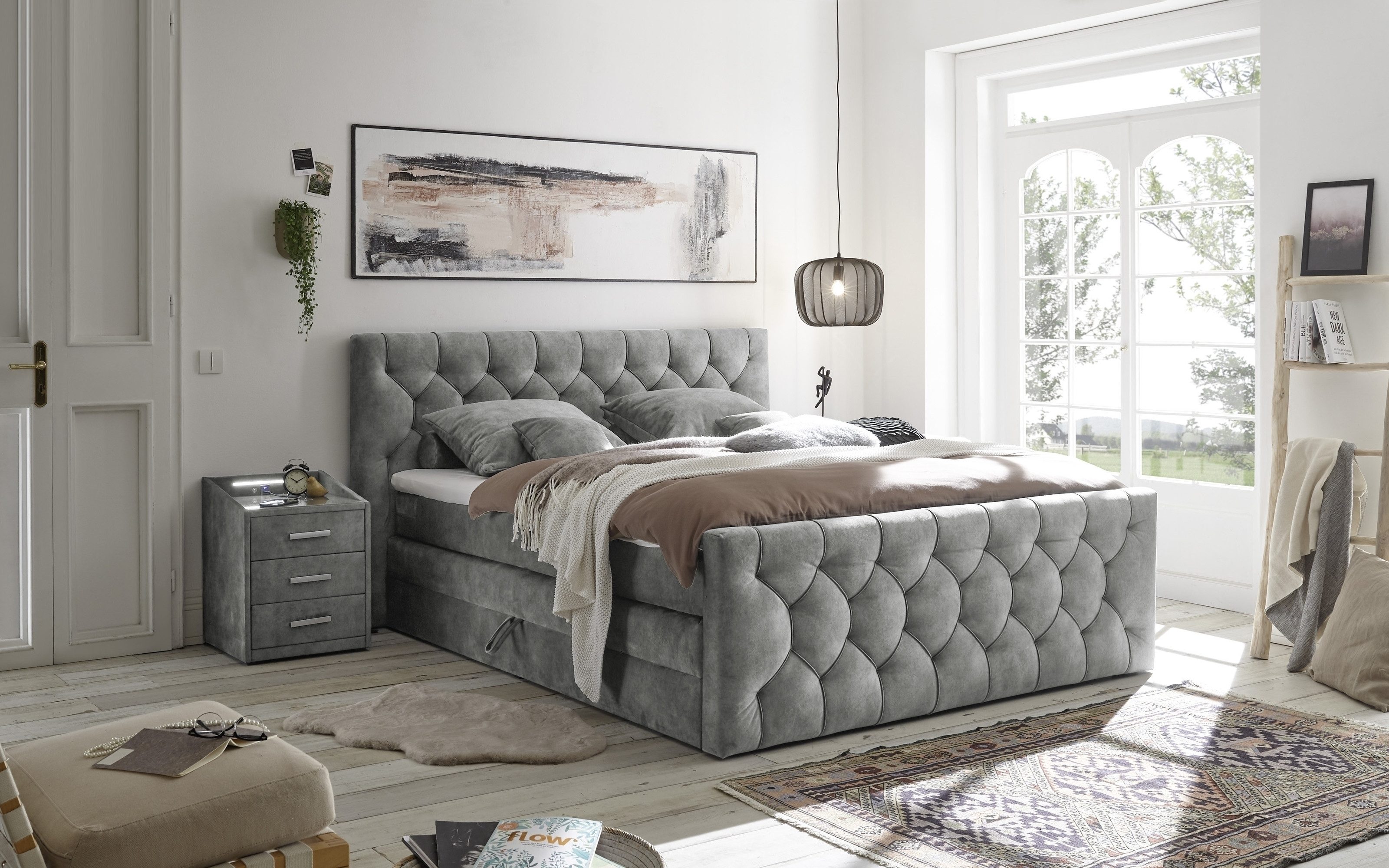 Black Red White Boxspringbett Topper, Bettkästen, hellgrau gesteppt, 180x200cm - 200x113x225cm BxHxT