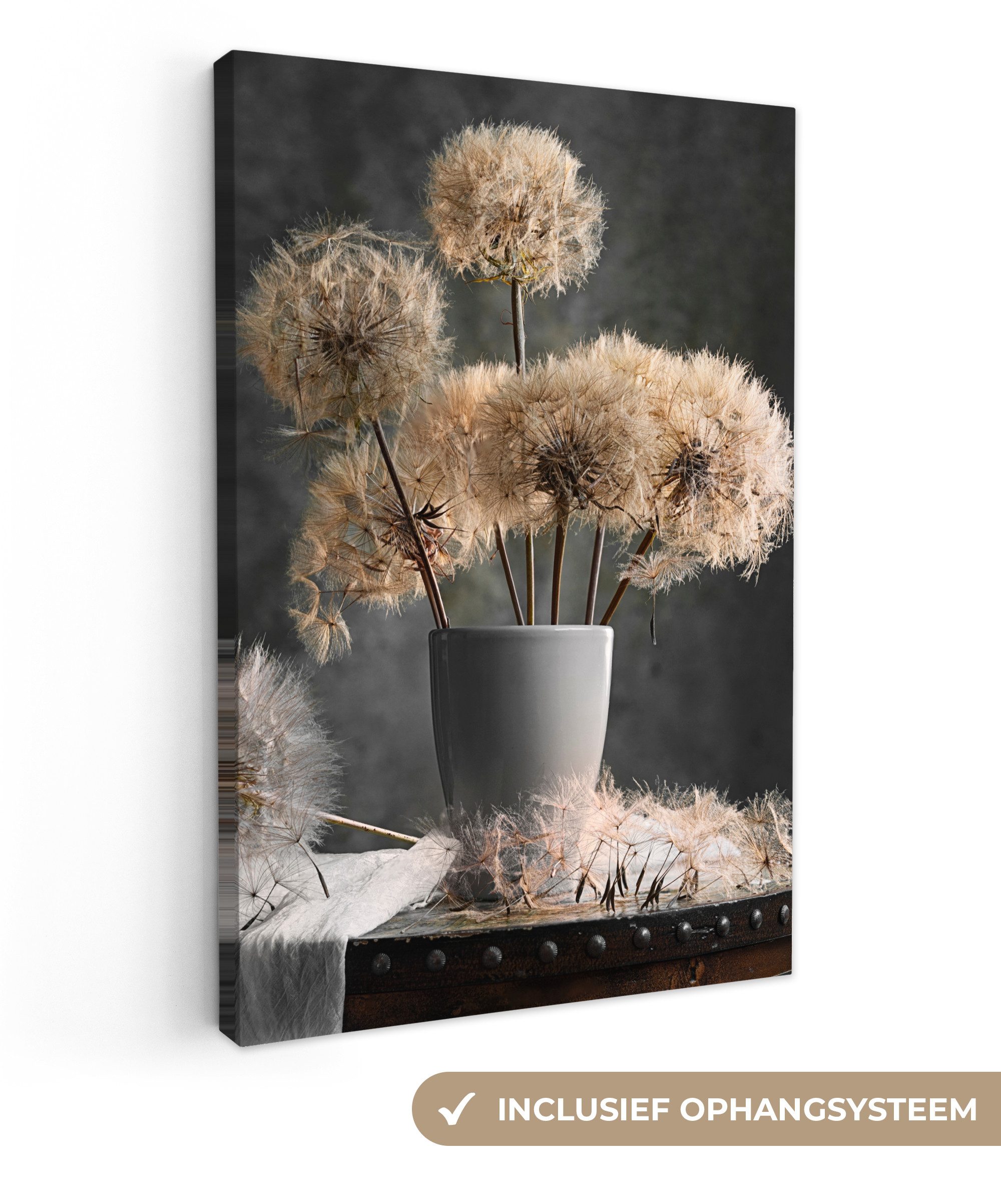 OneMillionCanvasses® Leinwandbild Blumensamen - Löwenzahn - Vase - Stilleben - Blumenstrauß, Fotodruck (1 St), Leinwand Canvas Wandbild, Wanddekoration 20x30 cm