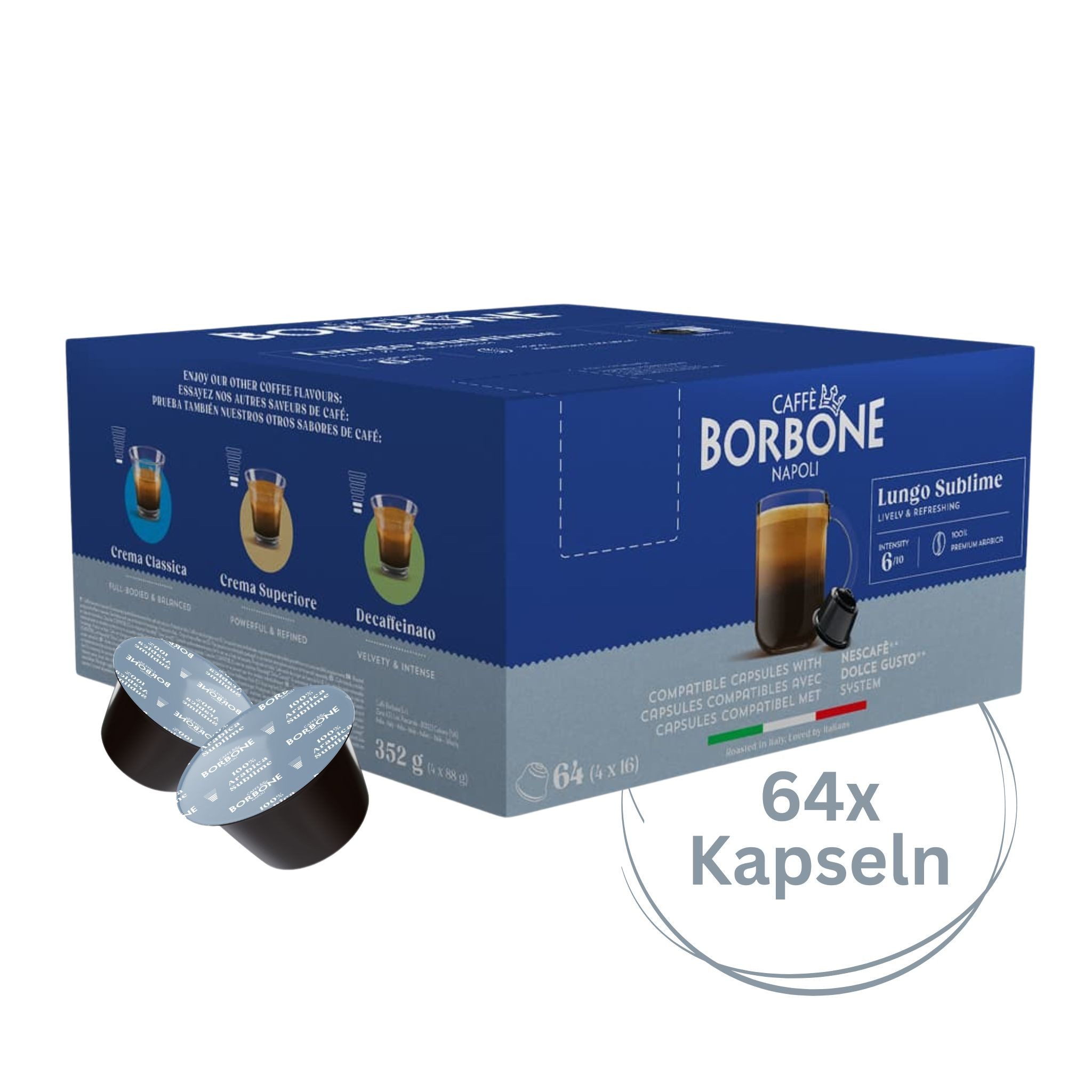 Caffè Borbone Kaffee Caffè Borbone Lungo Sublime - 64 Kaffeekapseln, 1 x 7 g, 64 St. (belebend und erfrischend, Kompatibel Kaffeemaschinen Marke Nescafè®* Dolce Gusto)