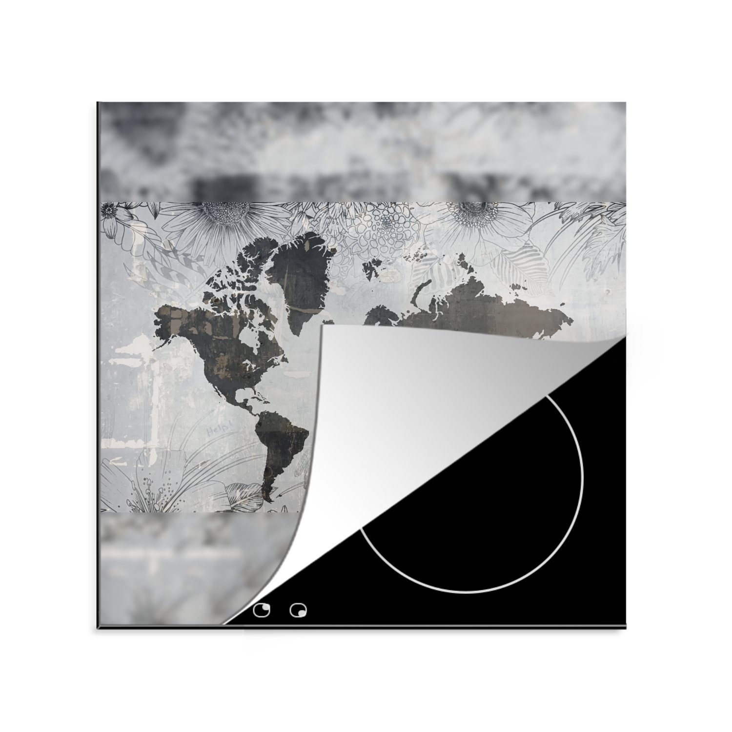 MuchoWow Herdblende-/Abdeckplatte Weltkarte - Pflanzen - Grau, Vinyl, (1 tlg), 78x78 cm, Ceranfeldabdeckung, Arbeitsplatte für küche