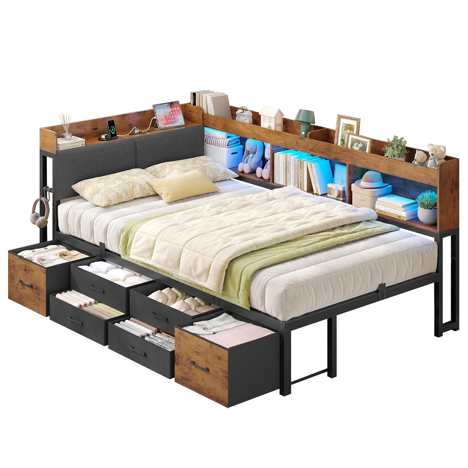 MSMASK Daybett Tagesbett Schlafsofa mit LED-Beleuchtung & Ladestation, Jugendbett mit 6 Staufächern und 6 Schubladen – Liegefläche 90x190 cm