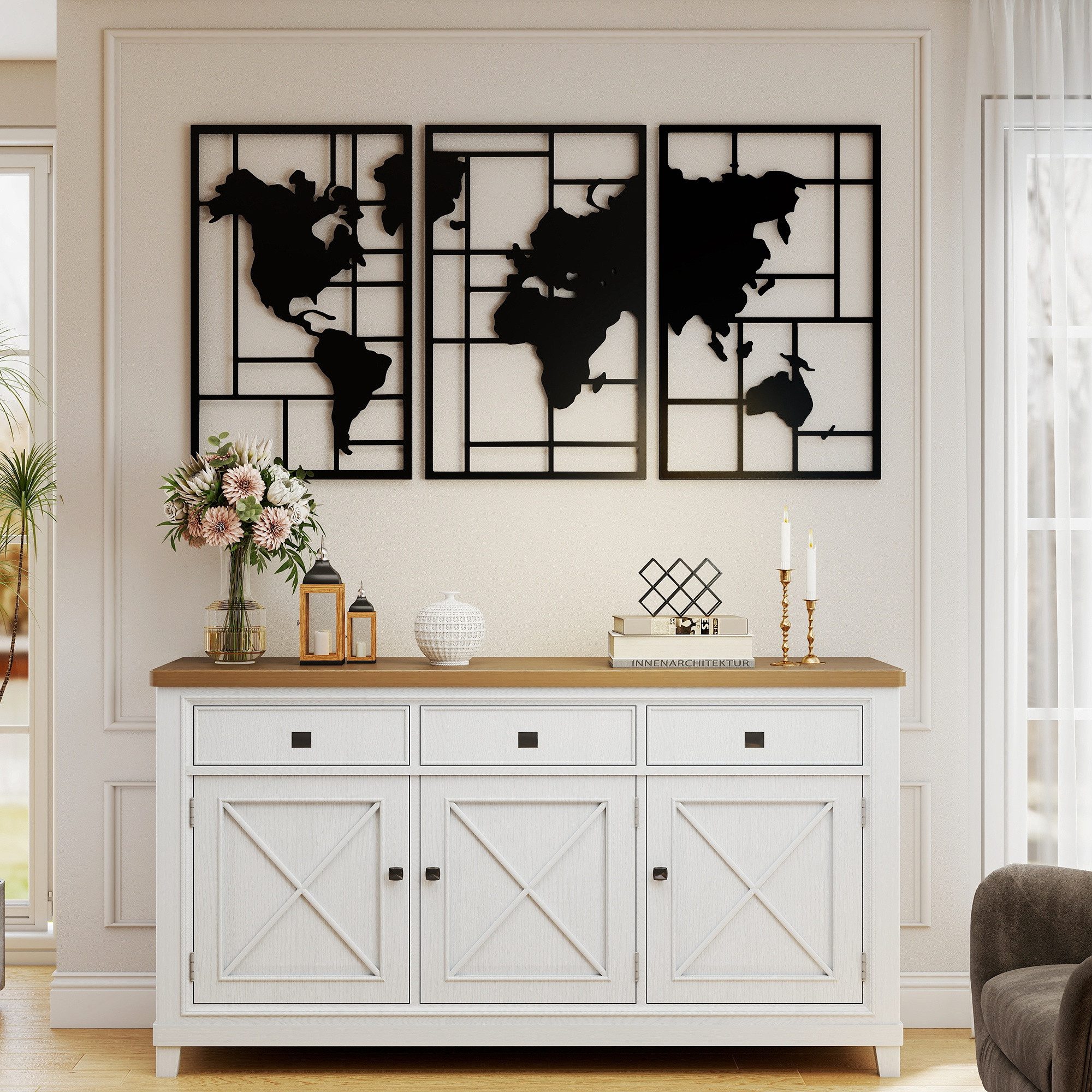 HOMCOM Wandbild Metall Wanddeko, Weltkarte (Wanddeko, 3 St), Metall Wandkunst mit Weltkarte, Schwarz