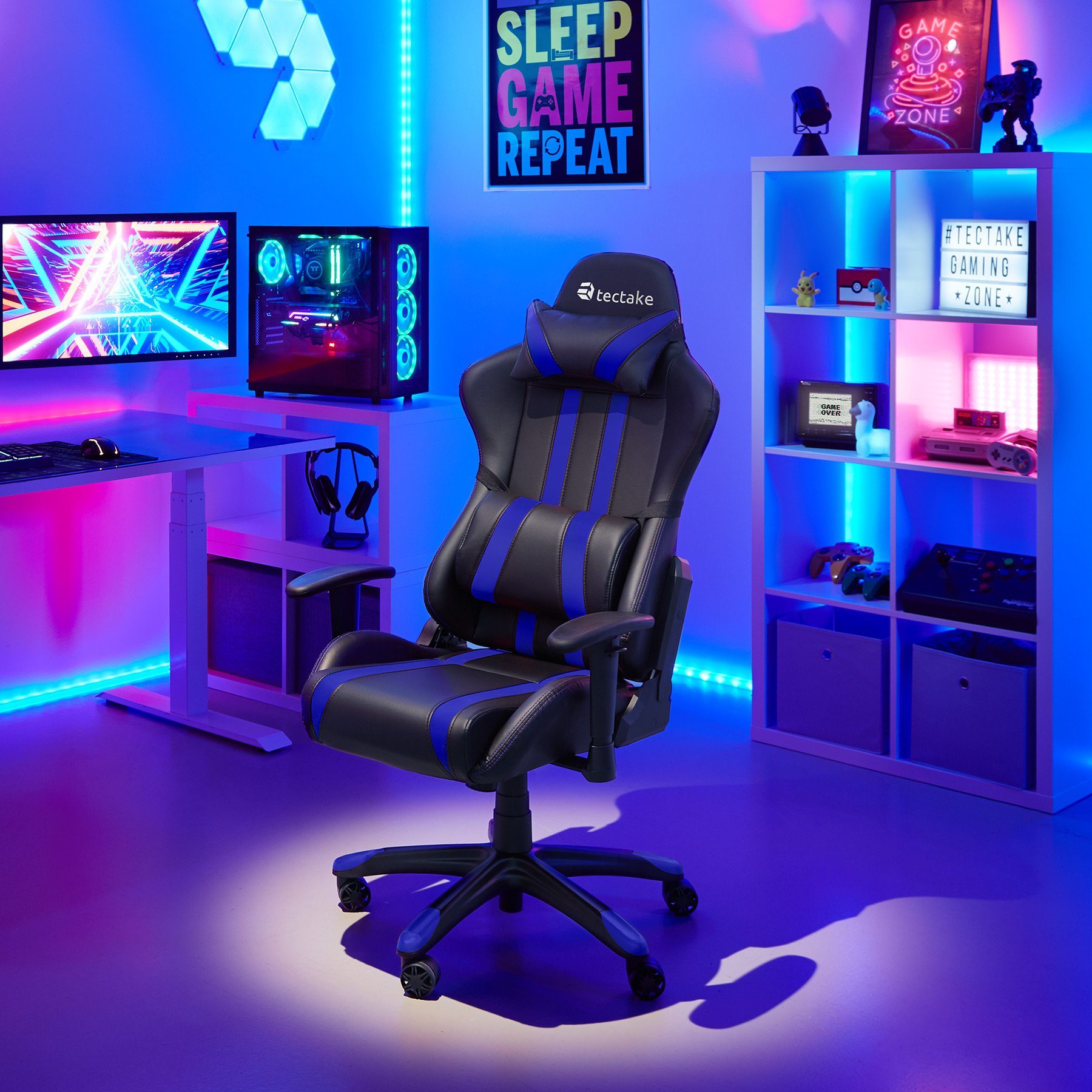 Gaming-Stuhl (1er, mit Bürostuhl Rückenlehne schwarz/blau Premium verstellbar tectake Streifen 105° St), Racing 1 bis