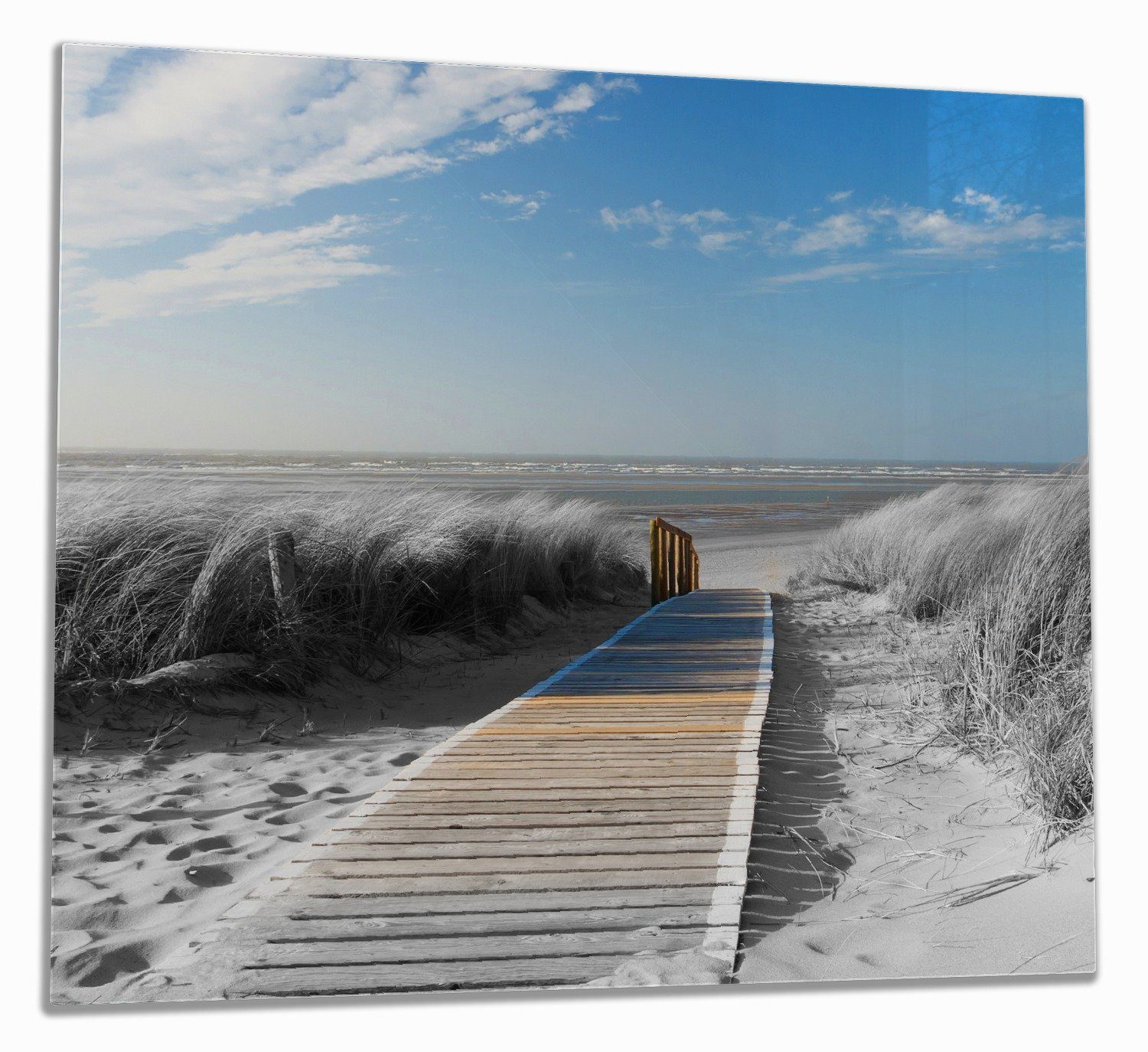 Wallario Herd-Abdeckplatte Auf dem Holzweg zum Strand in schwarz-weiß Optik, ESG-Sicherheitsglas, (Glasplatte, 1 tlg., inkl. 5mm Noppen), verschiedene Größen