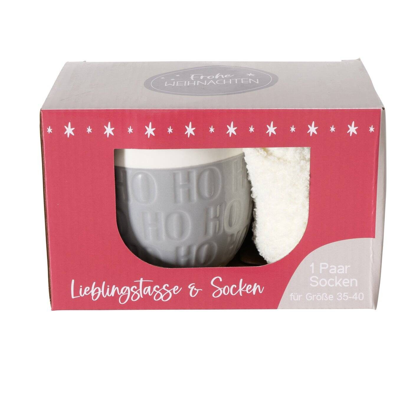 BOLTZE GRUPPE GmbH Becher Jumbo-Tasse mit Weihnachtsmotiv HOHO, 600 ml, Keramik, Weihnachtstasse mit Socken