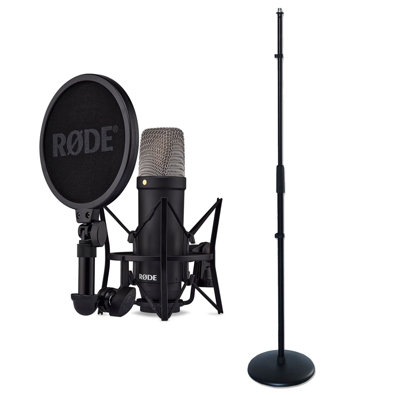 RØDE Mikrofon Rode Studio-Mikrofon NT1 Signature Black mit geradem Мікрофонна стійка (Analog), Vorteils-Set mit Мікрофонна стійка