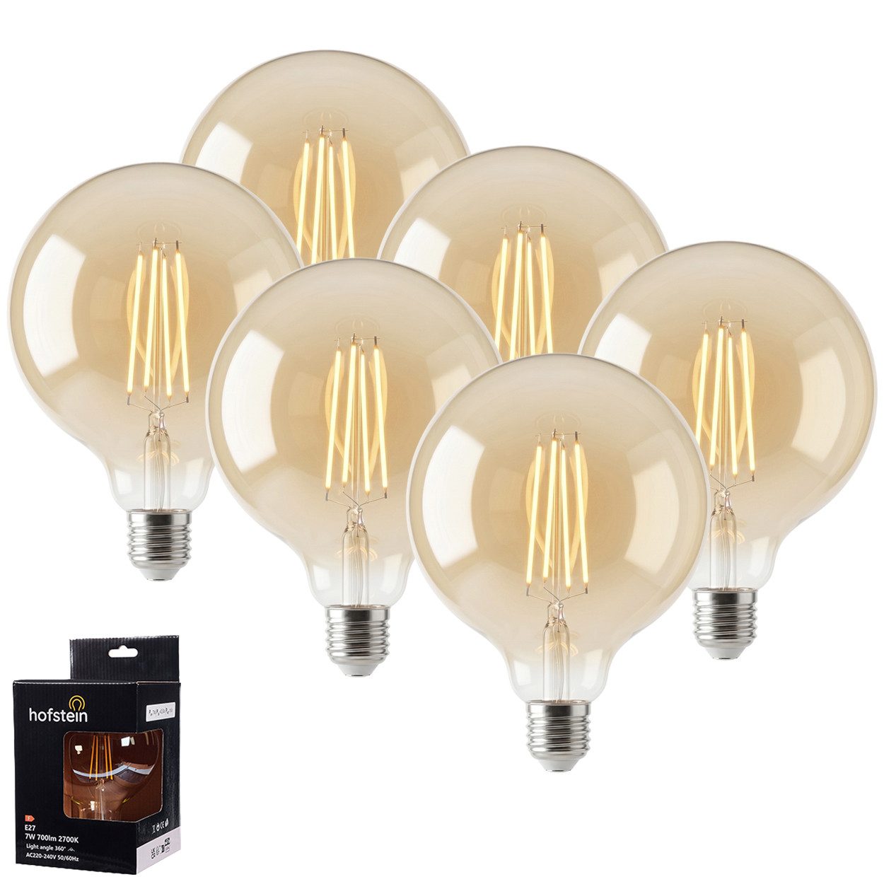 hofstein LED-Leuchtmittel 6er Set Glühbirne Warmweiß dimmbar 6 Watt, E27, 2700 Kelvin, 600 Lumen, Globe Vintage, Filament, Amber