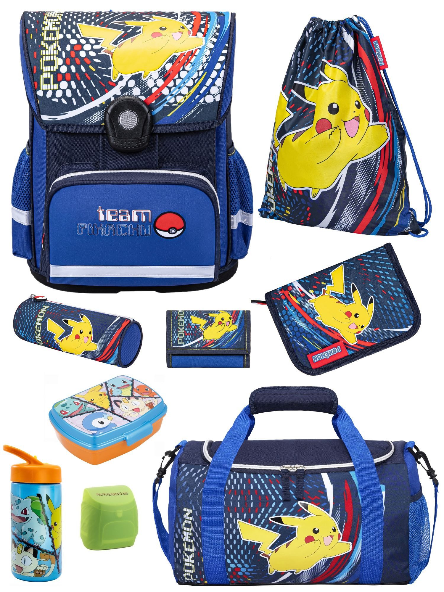 Familando Schulranzen Pokemon Blau; Pikachu Schultasche ab der 1. Klasse (Set, 9-tlg., inkl. Brotdose, Trinkflasche und Sporttasche), ergonomisch; mit Brustgurt; 990 Gramm leicht