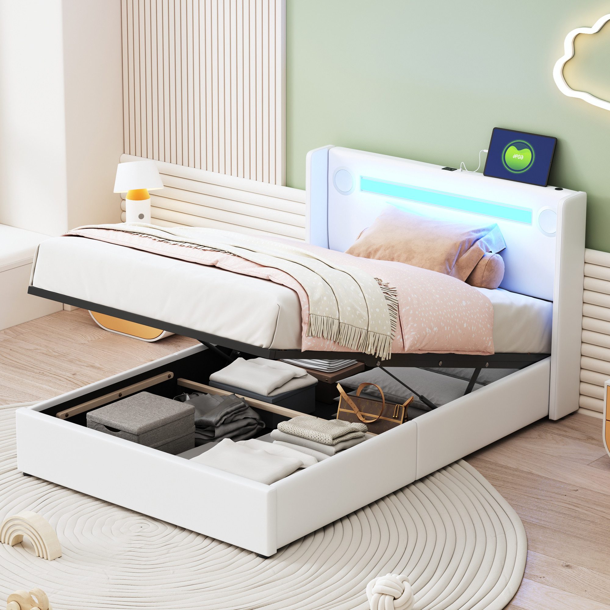 Flieks Polsterbett, LED Beleuchtung/Bluetooth/USB-Aufladen Einzelbett 90x20 günstig online kaufen