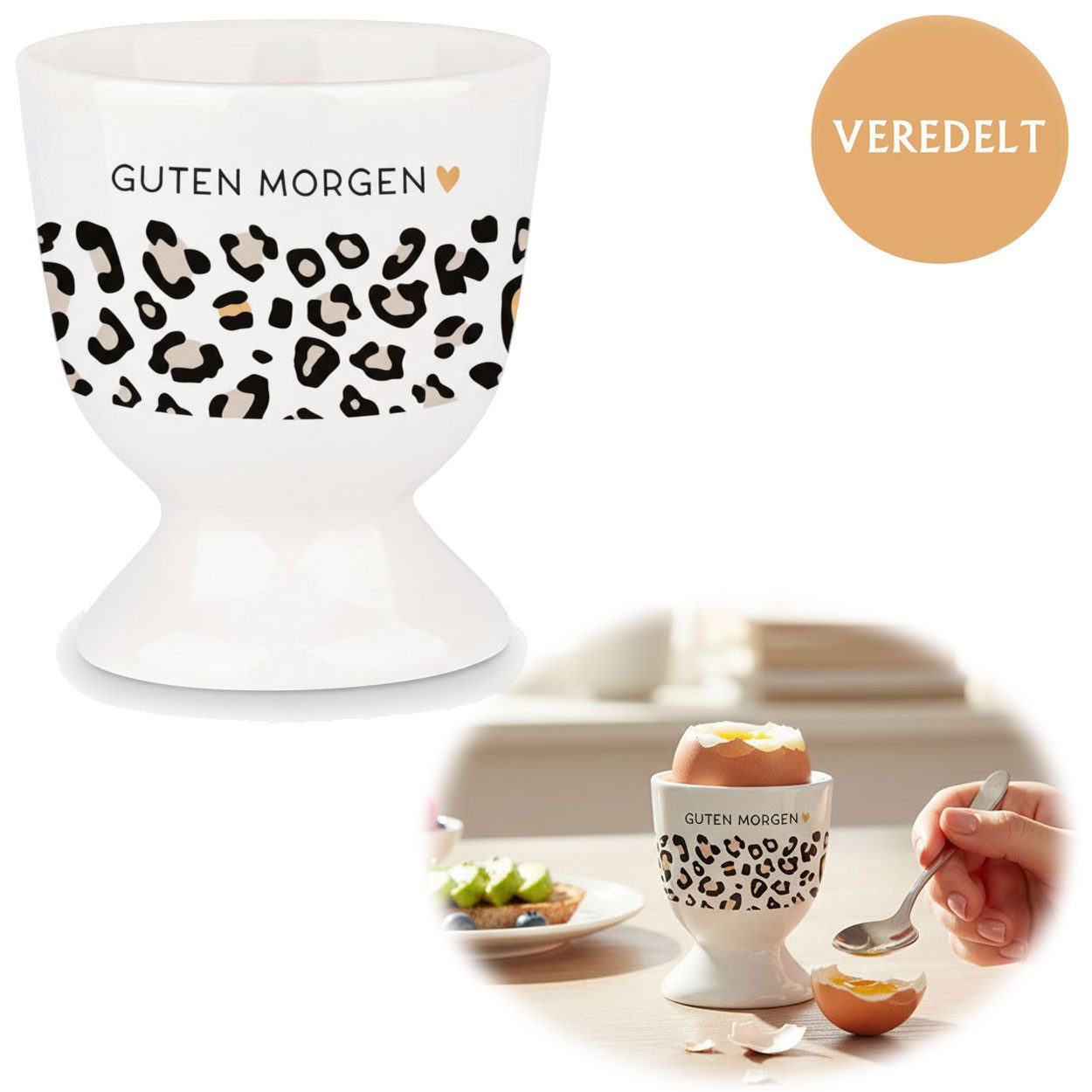 LS-LebenStil Eierbecher Eibecher Echt-Gold Spruch "GUTEN MORGEN" Leo Muster Gute Laune Eierh, (Exklusiver edler Eihalter, perfekte Deko am Frühstückstisch, 1-tlg., für das perfekte Frühstücksei, Geschenk zur Hochzeit, Verlobung), Muttertag, Vatertag, Ostern, Weihnachten