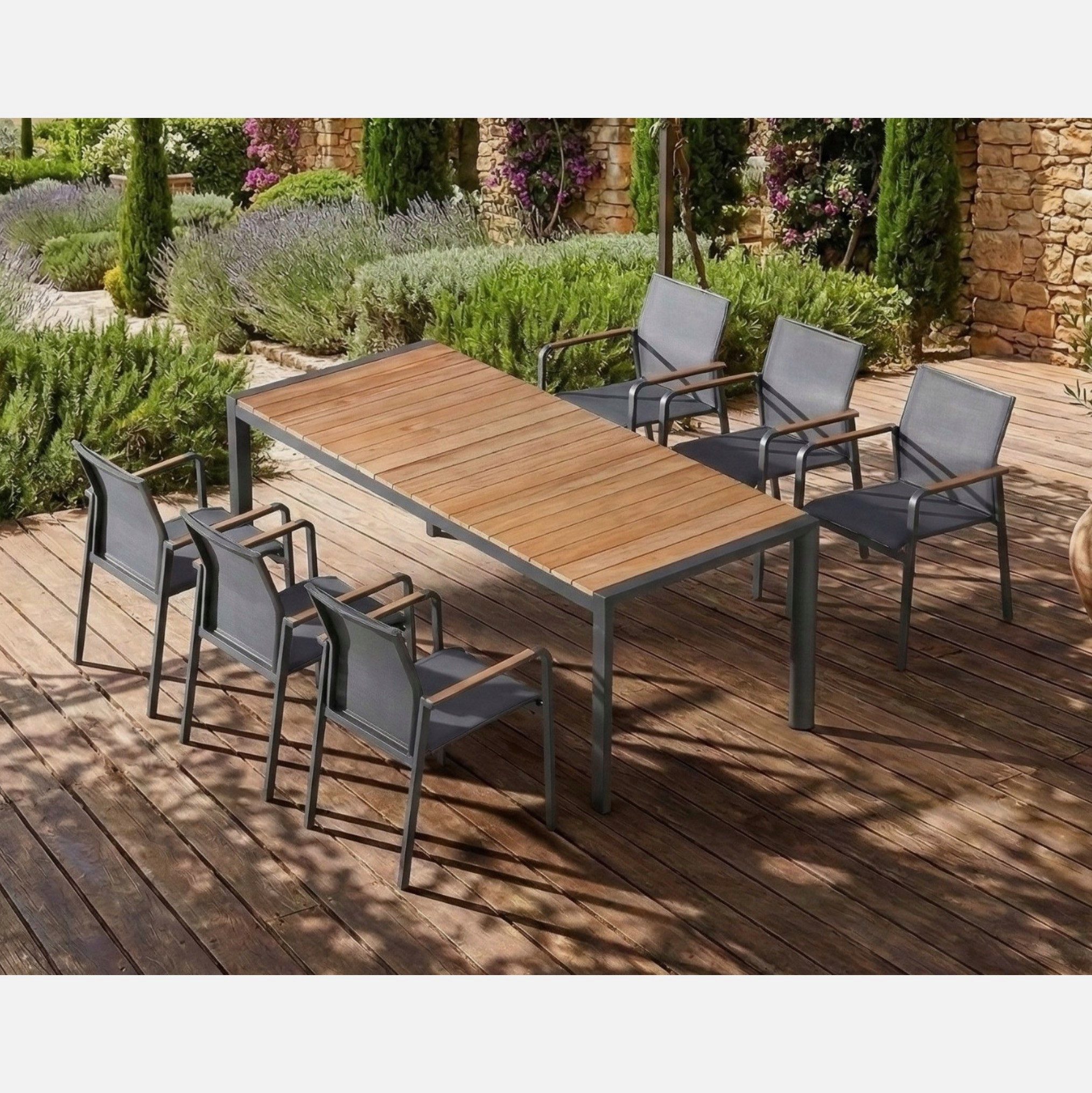 Best Garten-Essgruppe Paros, (Spar-Set, 7-teilig, 1 Tisch, 6 Stapelstühle), Stuhl platzsparend stapelbar, pflegeleichtes Aluminium