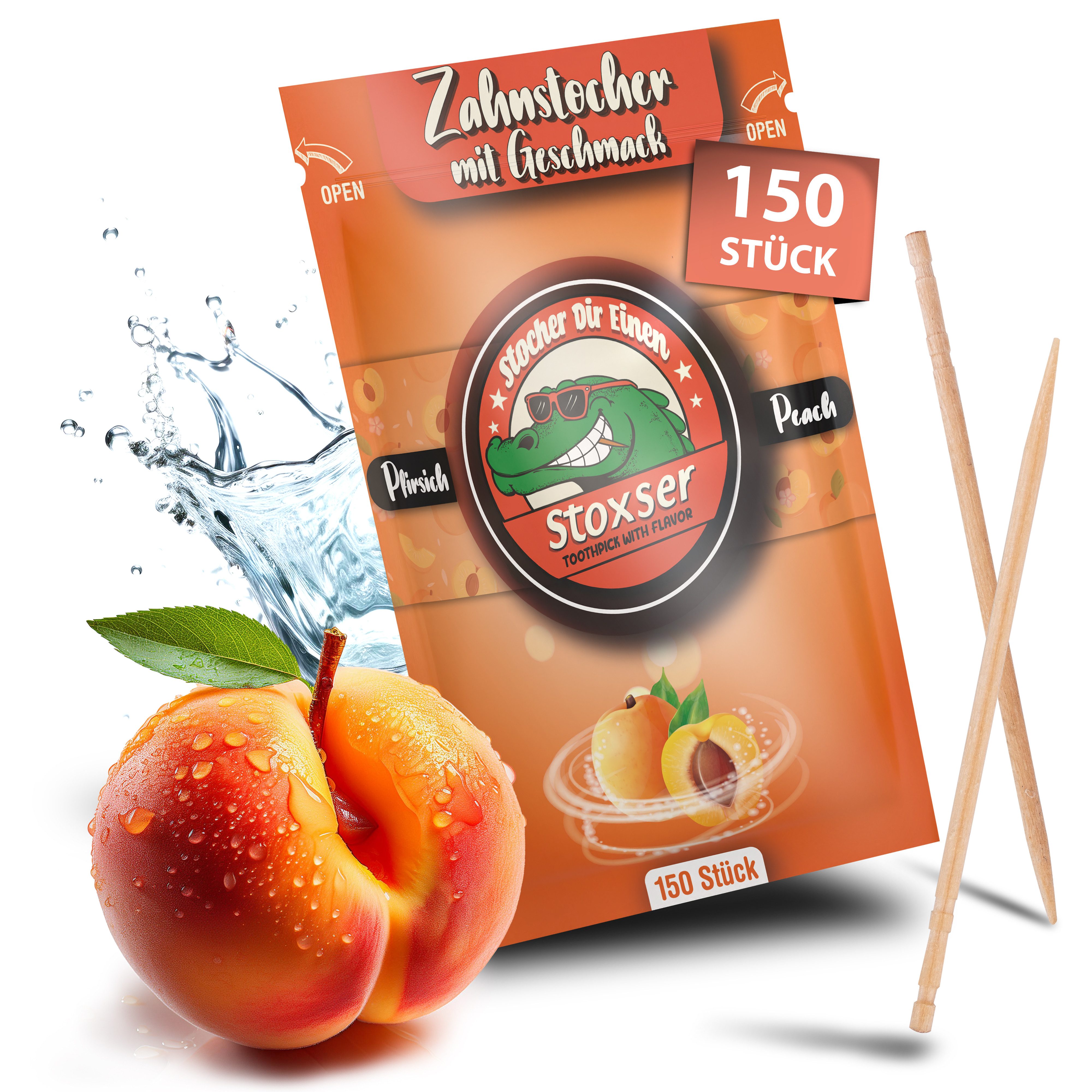 Stoxser Mundpflegecenter Stoxser 150 x Zahnstocher mit Geschmack Pfirsich Geschmacksrevolution, 150 x Zahnstocher mit Geschmack Pfirsich, Kein Kaugummi Unterstützend zu Zahnpasta Zahnseide Zuckerfrei