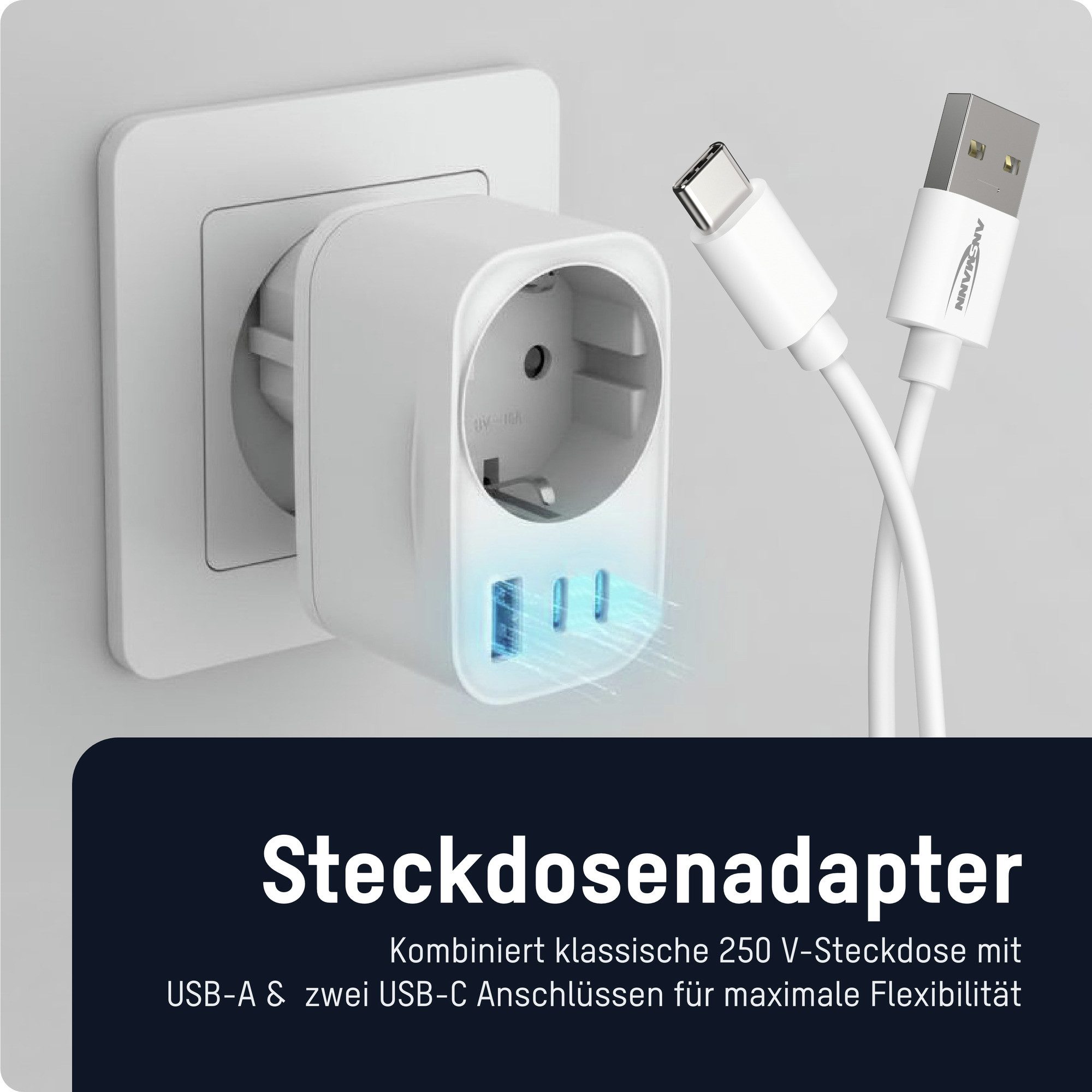 ANSMANN AG Funksteckdose Steckdosenadapter 20W, USB A & 2x USB C Ladegerät zum Schnellladen