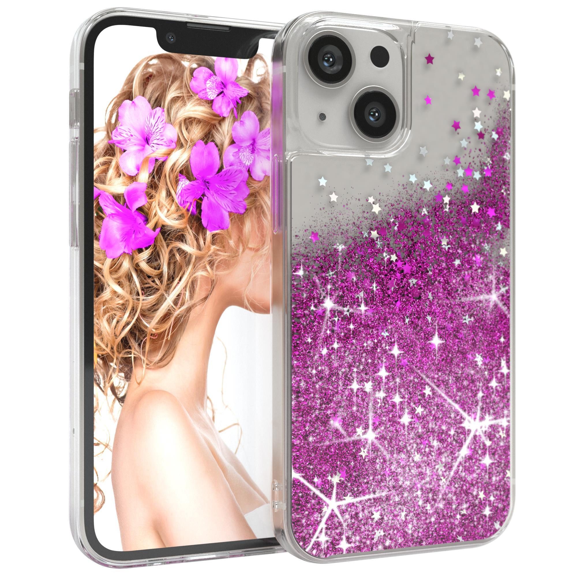 EAZY CASE Handyhülle Liquid Glittery Case für Apple iPhone 13 Mini 5,4 Zoll, Bumper Case Back Cover Glitter Glossy Handyhülle Etui Violett Lila