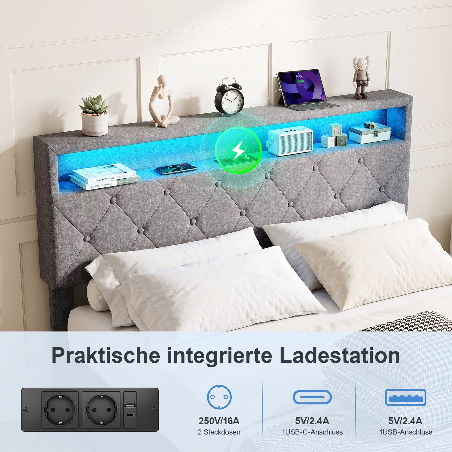 oyajia Stauraumbett LED hydraulisches Doppelbett (Leinenmaterial Polsterbett mit mit Lattenrost und Ladefunktion), Typ-C, USB-A, 2 Steckdosen,mit RGB Beleuchtun – Bild 5 von 5