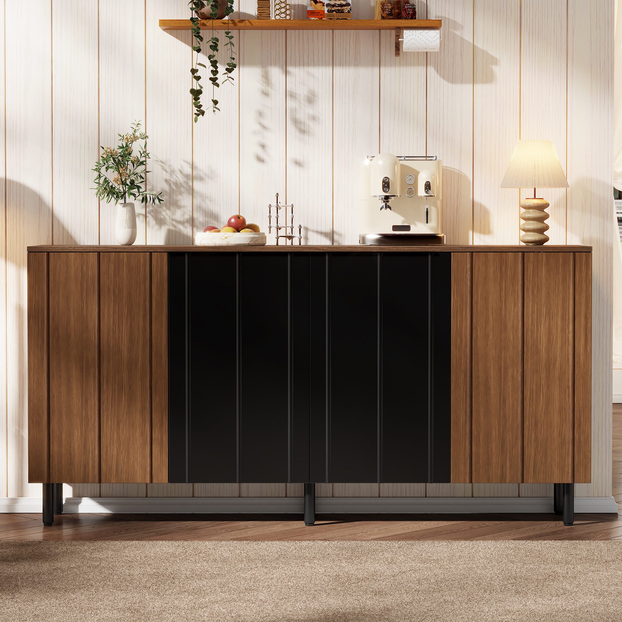 Merax Sideboard in Nussbaum Optik mit schwarzen Akzenten (1 St., Aufbewahrungsschrank Küchenbuffet 160x35x80 cm), Kommode mit 4 Türen, verstellbaren Regalböden  – Bild 3 von 5
